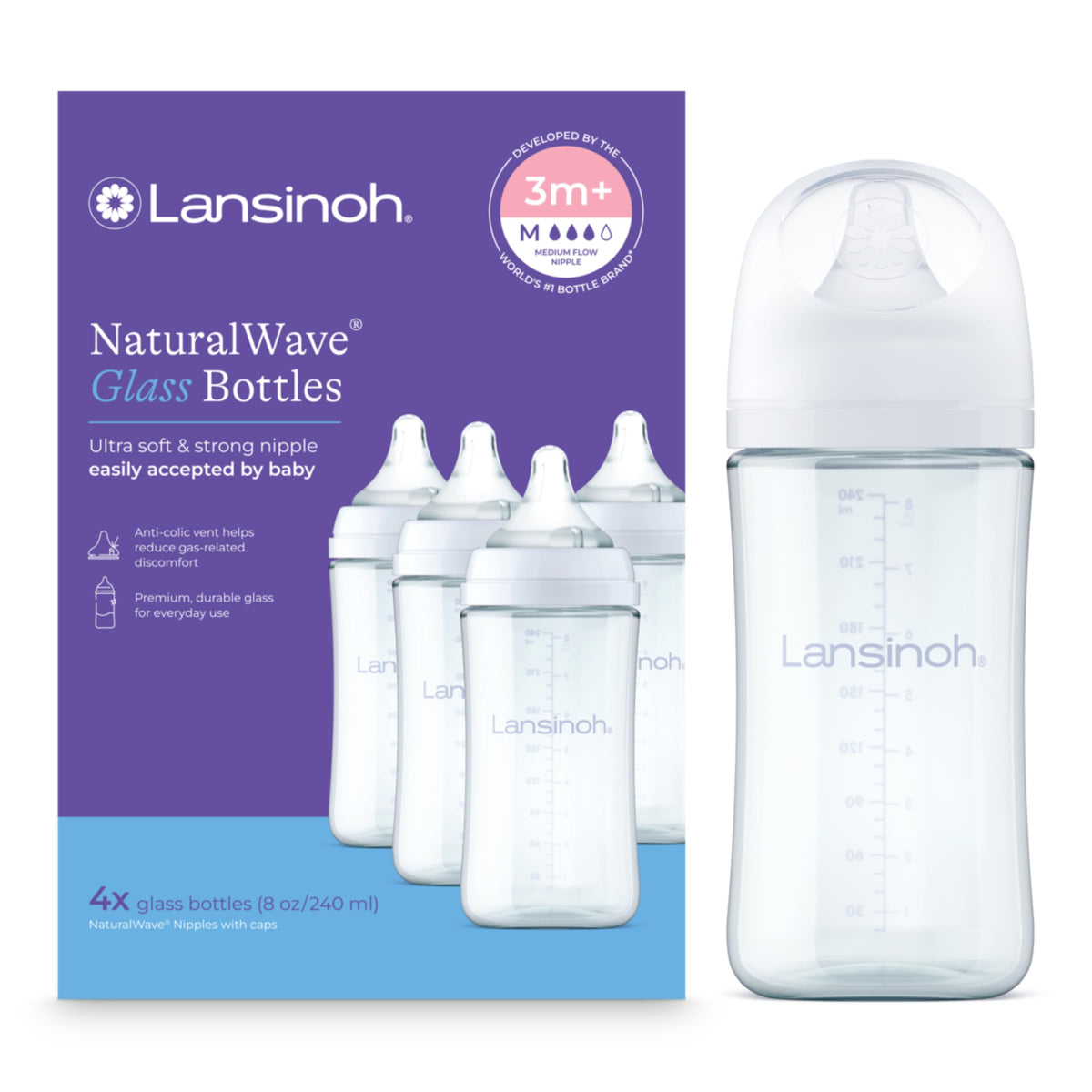 Lansinoh Anti-Colic Glass Baby Bottles, Purple Collar, 5 Ounces, 4 Count