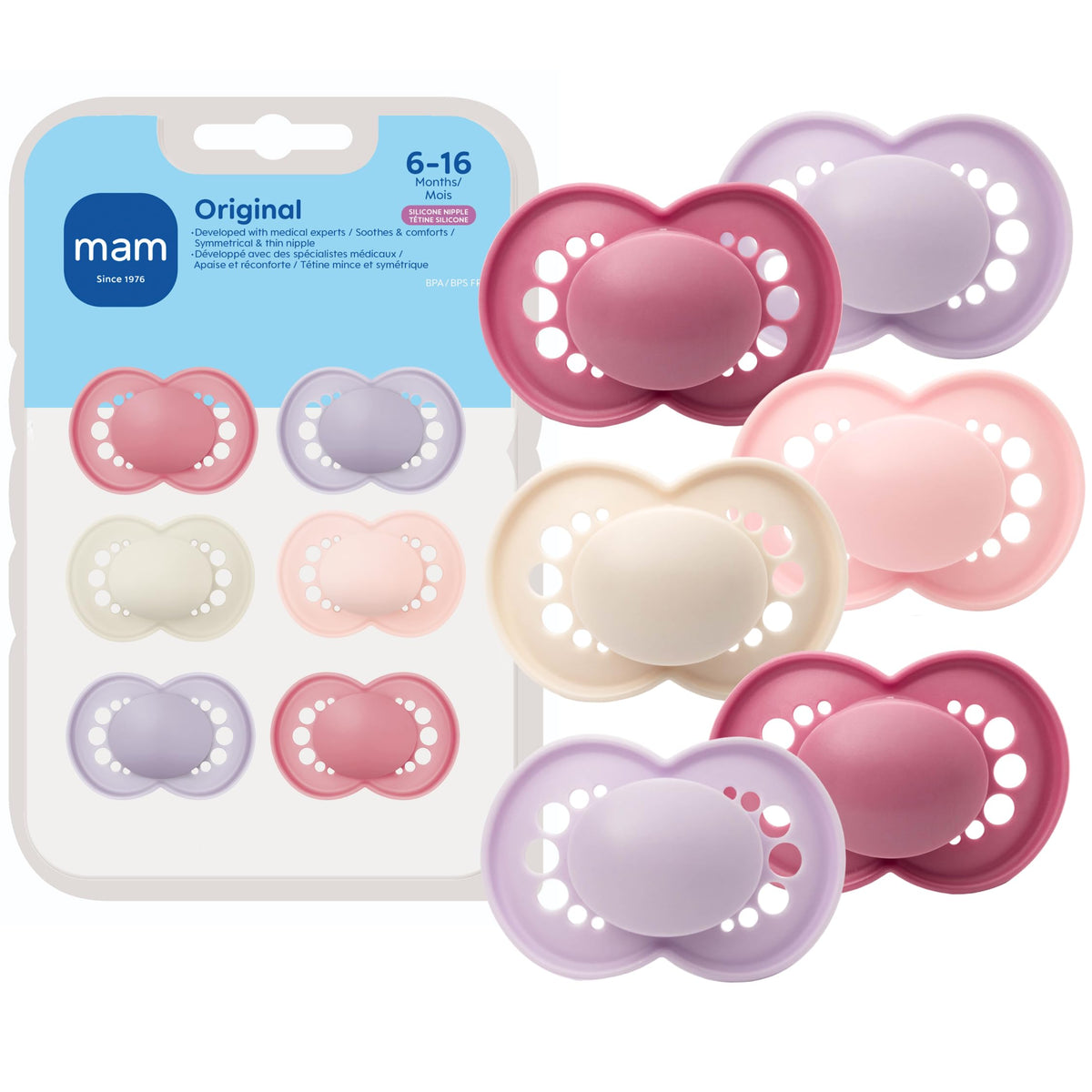 MAM Original Baby Pacifier 6-16 Mths, Skin Soft Silicone Nipple, 4 Pack