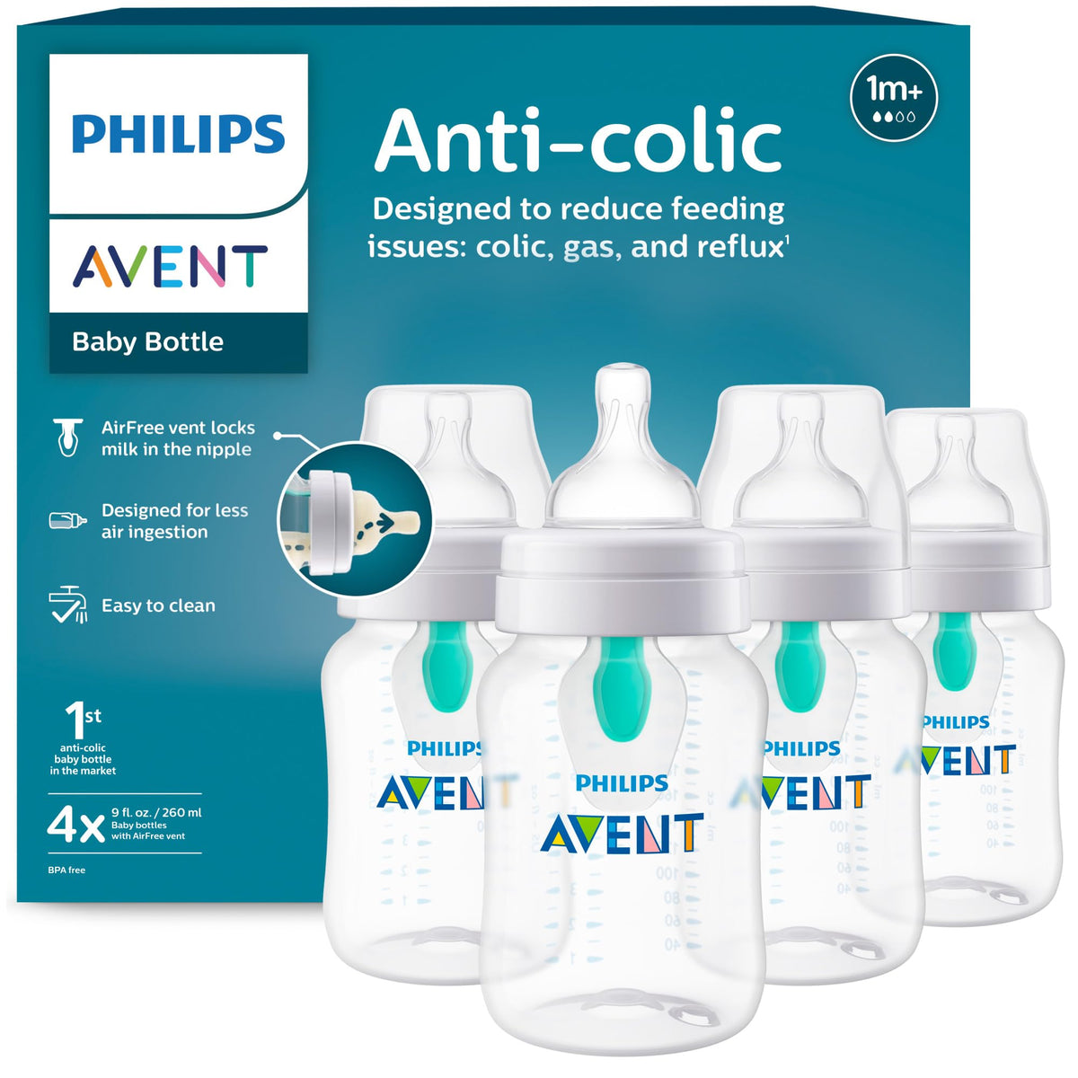 Philips Avent Anti-Colic Baby Bottle with AirFree Vent, Slow Flow, 4 oz