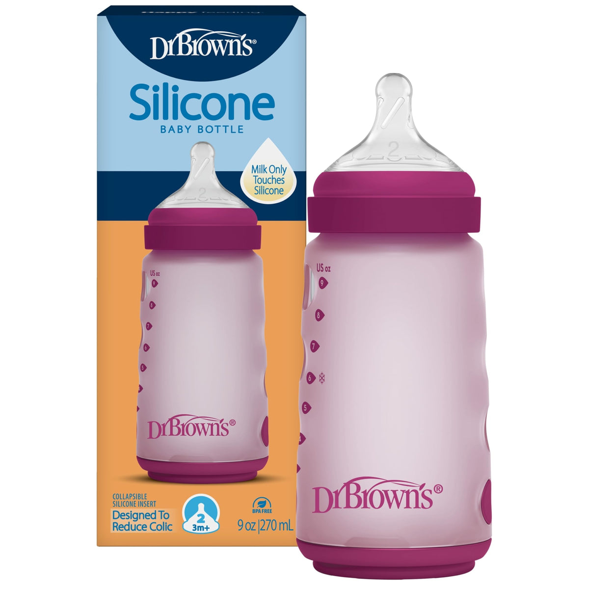 Dr. Brown's Silicone Baby Bottle, 9 oz, Level 2 Nipple, 3m+, White, 4-Pack