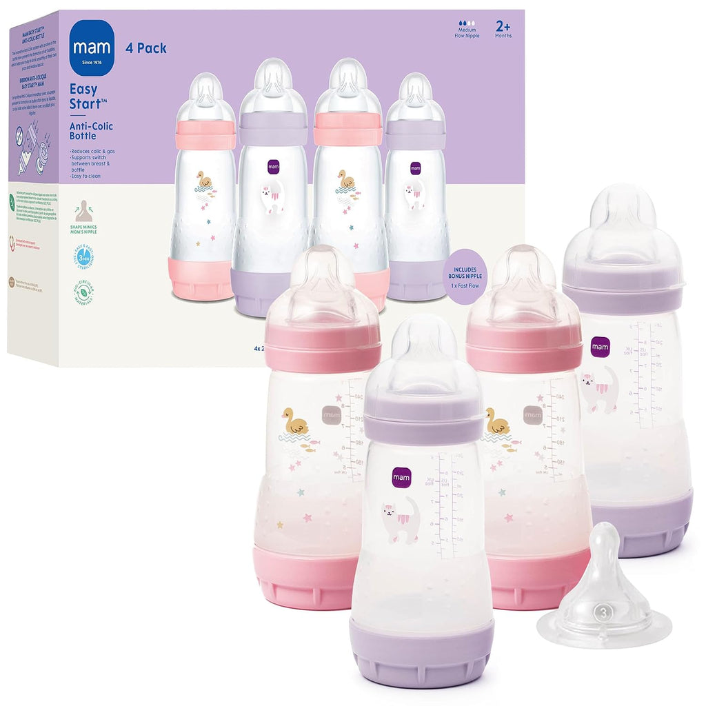 MAM 9oz Easy Start Anti-Colic+ Vented Baby Bottles, 2+ Months, 4 Pack, Girl