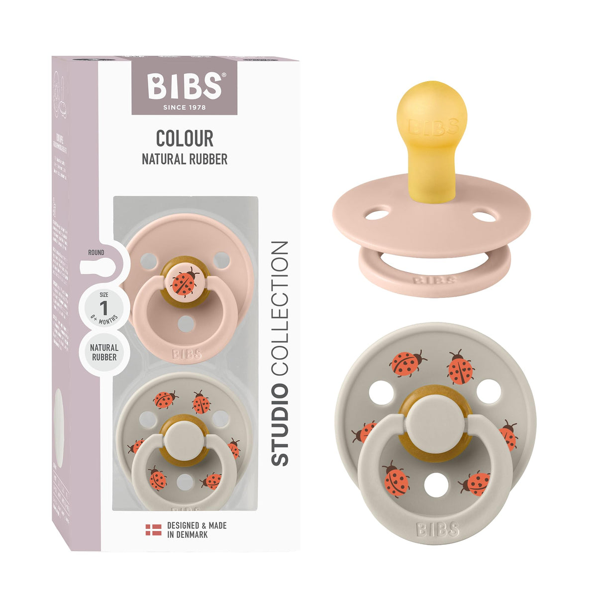 BIBS Colour Pacifier, 6-18 Months, 2-Pack, Round, Block Baby Pink Coral