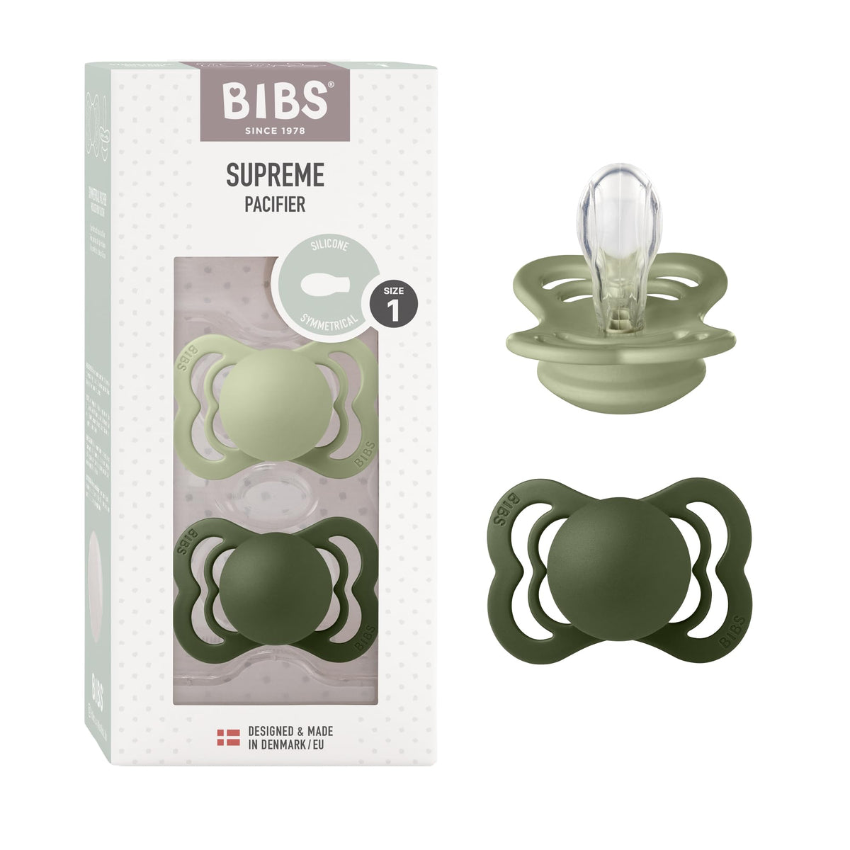 BIBS Pacifiers - Supreme Collection | Symmetrical Nipple | Silicone | Made in Denmark | Set of 2 Ivory/Sage Color Premium Soothers | Size 6-18 Months