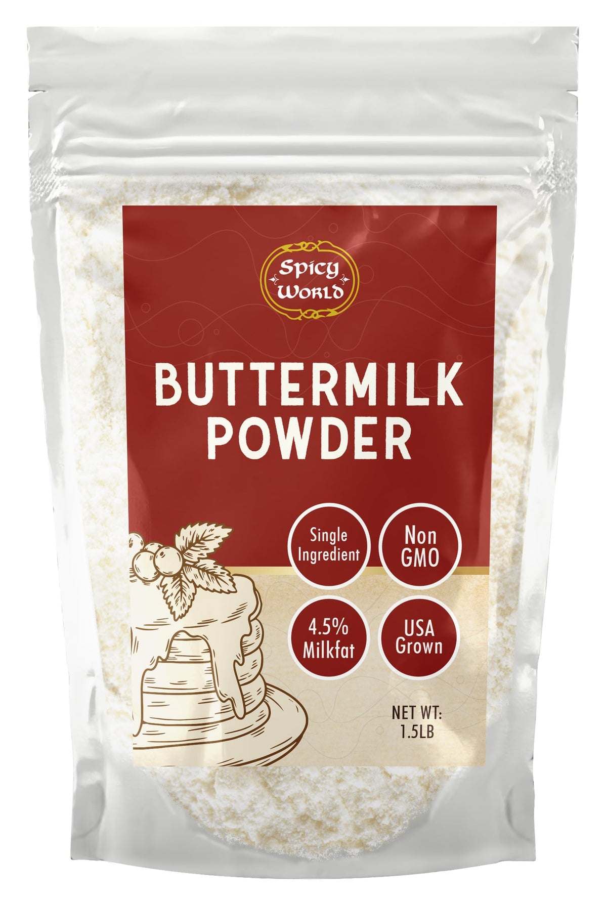 Spicy World Premium Buttermilk Powder 1.5 LB - Made in USA from Sweet Cream, Non-GMO, 4.5% Milkfat, Perfect for Biscuits, Cornbread, and More!