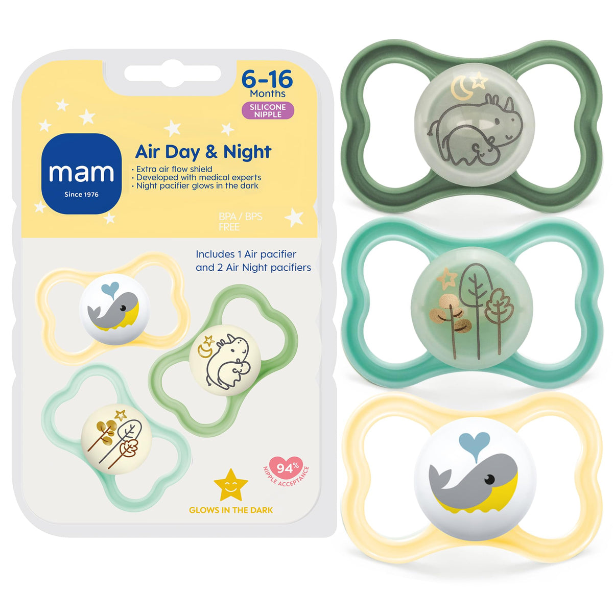 MAM Air Pacifier 6-16 Months, Extra Air Flow for Sensitive Skin, 4 Pack
