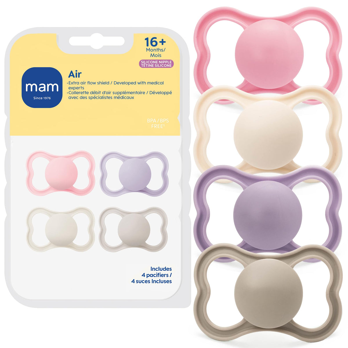 MAM Air Pacifier 16+ Months, Extra Air Flow for Sensitive Skin, 4 Pack