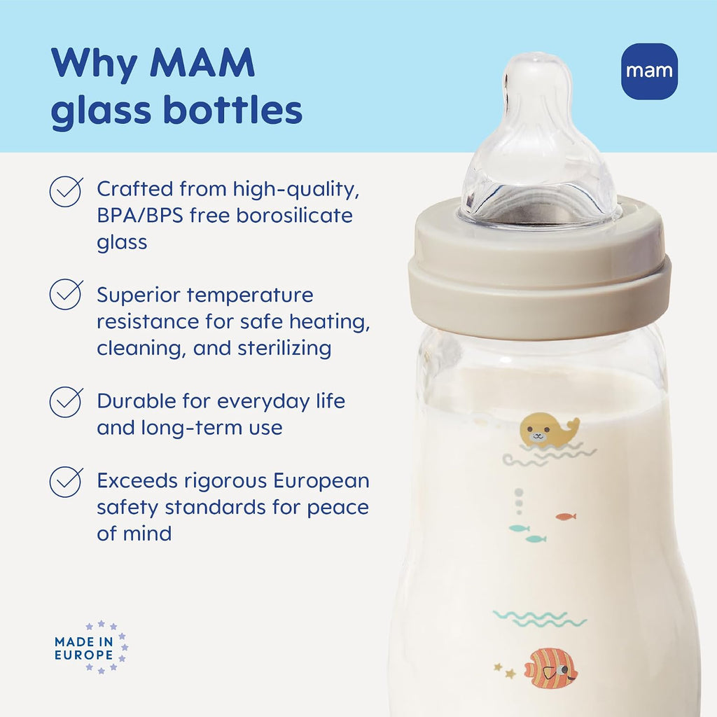 MAM 6oz Pure Glass Feel Good Anti-Colic 0+ Months Baby Bottle, 3 Pack, Boy