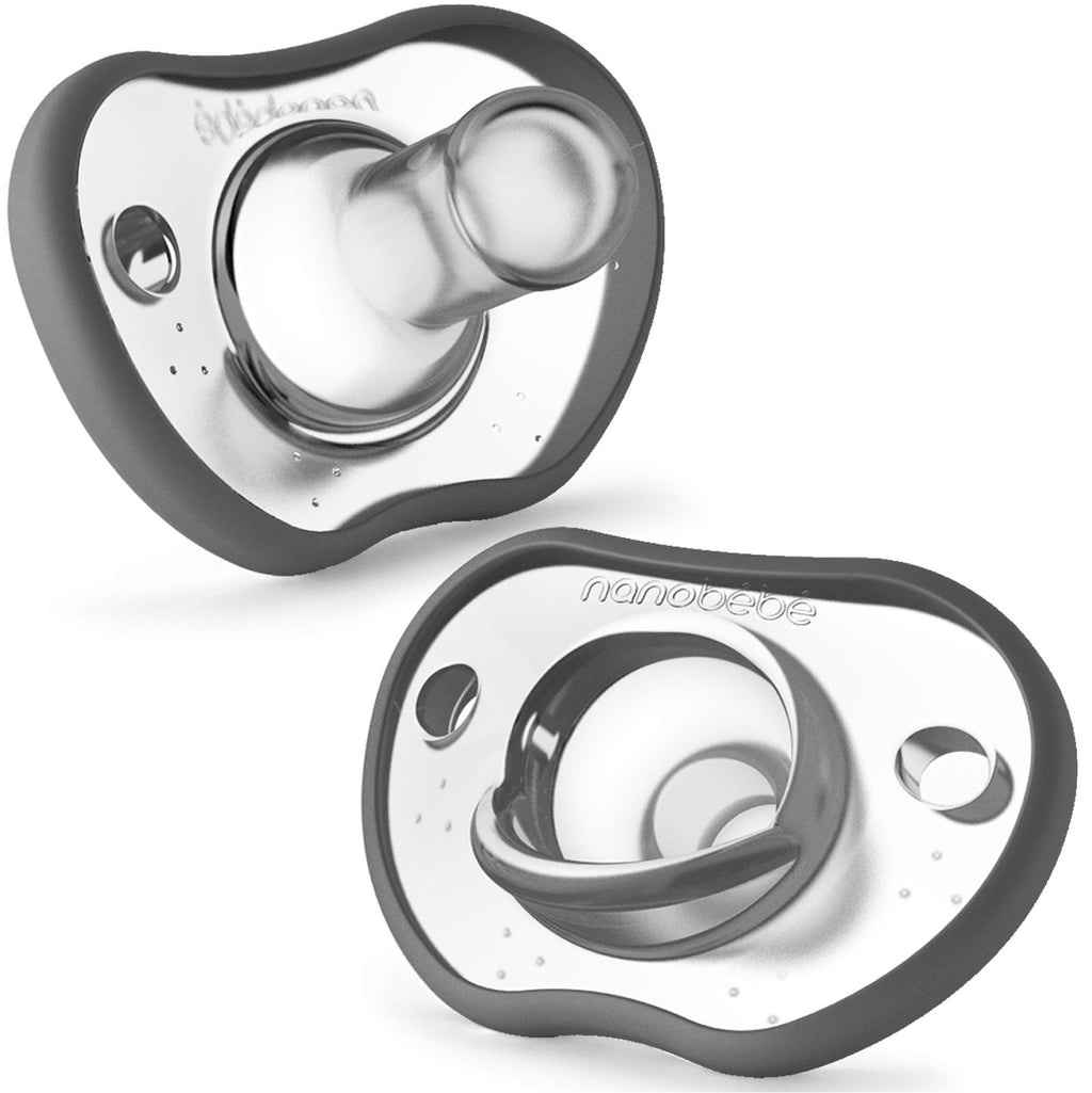 Nanobebe Baby Pacifiers 0-3 Month - Orthodontic, Curves Comfortably with Face Contour, Award Winning for Breastfeeding Babies, 100% Silicone, Baby Registry Gift 4pk,Pink/Grey