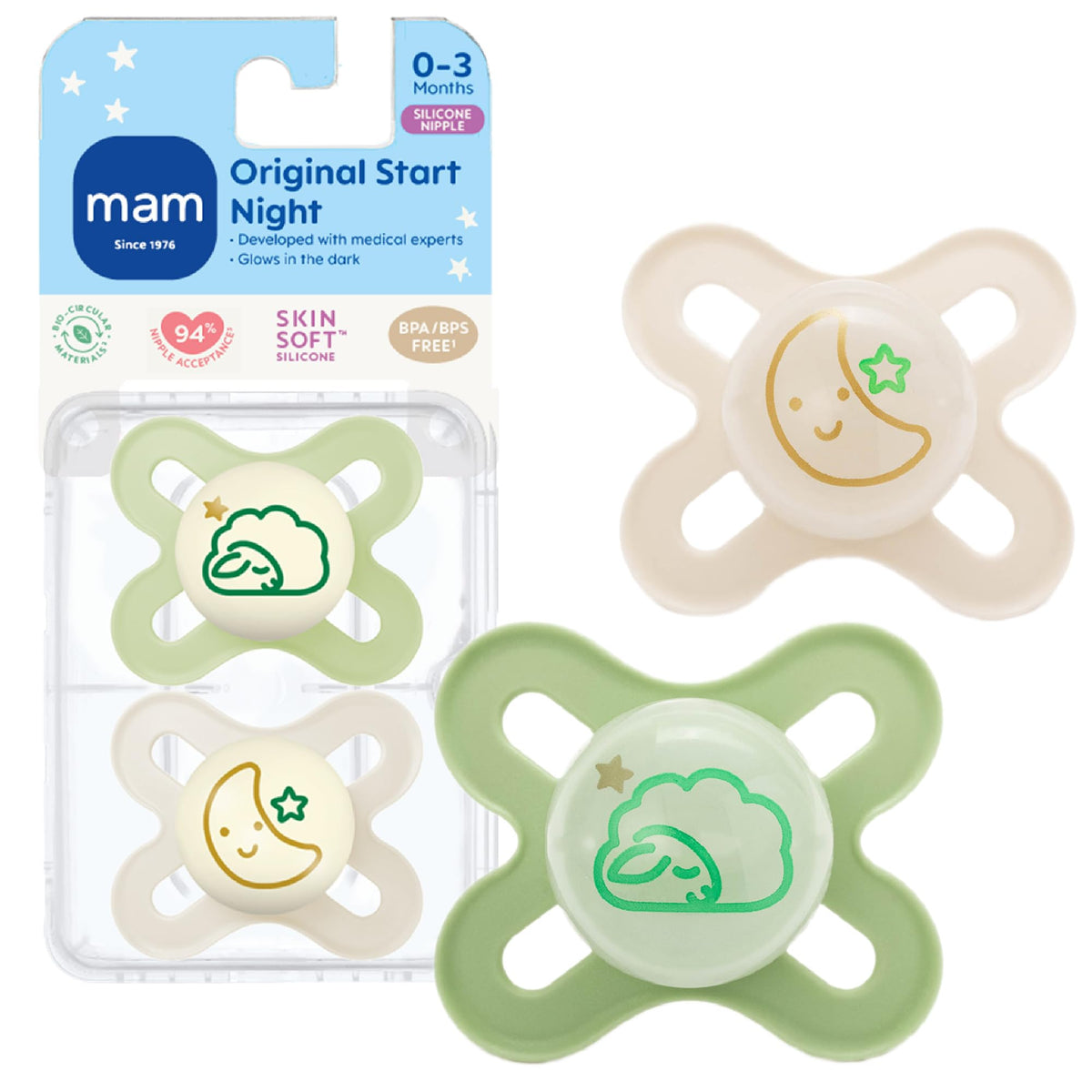 MAM Original Start Baby Pacifiers 0-3 Months, Glow in The Dark, 4 Pack