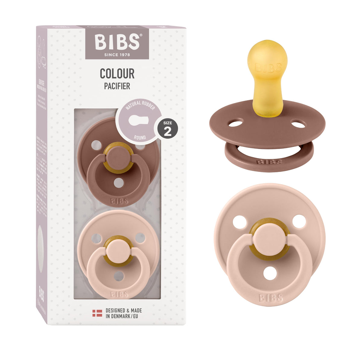 BIBS Pacifiers Colour Collection | Natural Rubber Baby Pacifier | Set of 2 BPA-Free Soothers | Made in Denmark | 0+ Months (Pack of 2) | Blush/Ivory