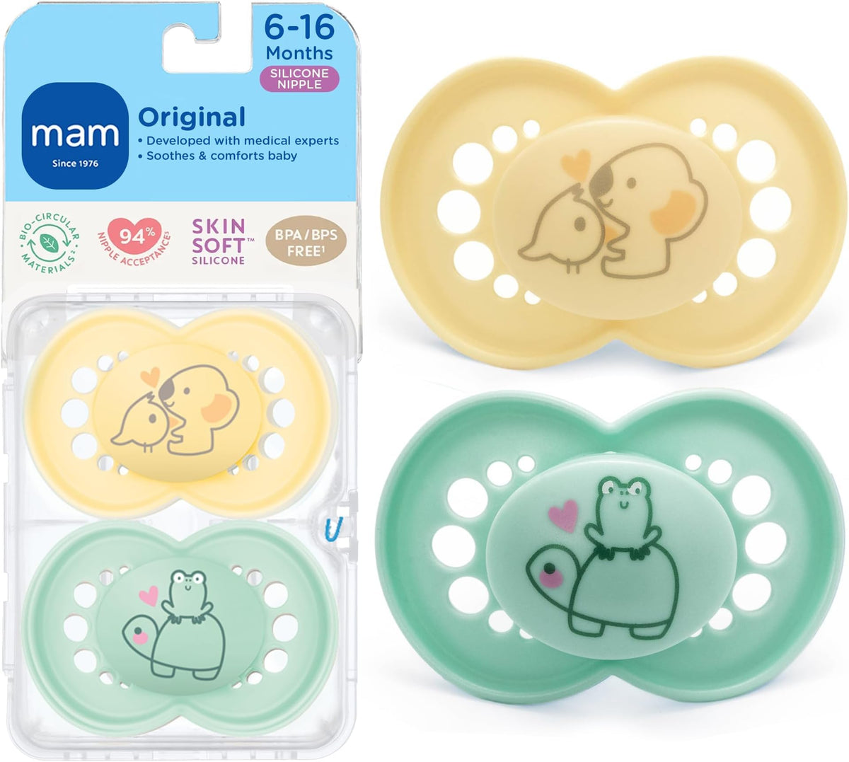 MAM Original Baby Pacifier 6-16 Mths, Skin Soft Silicone Nipple, 4 Pack