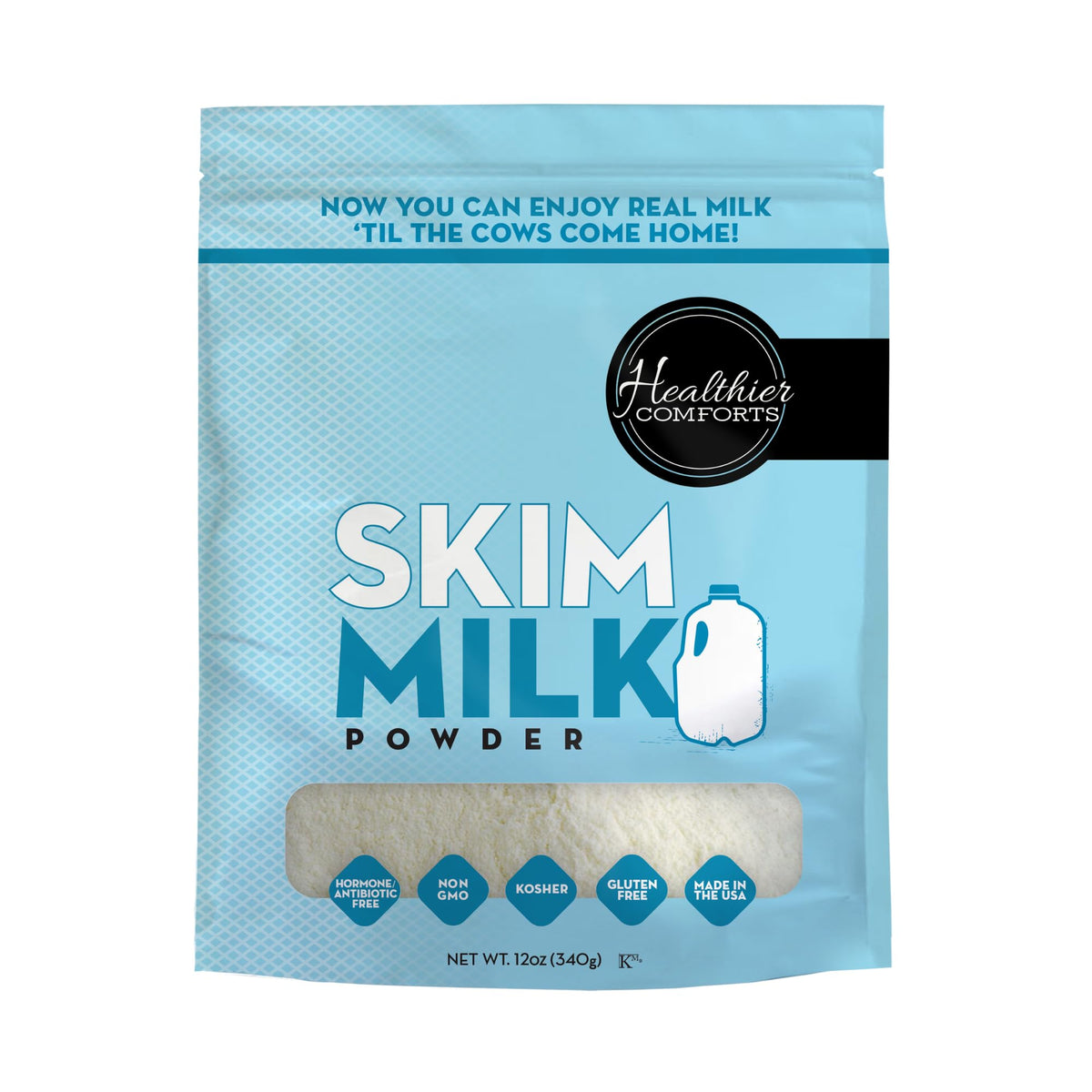 Healthier Comforts Skim Milk Powder | Fat Free, Shelf Stable | Kosher, Gluten Free, Non-GMO, Hormone and Antibiotic Free | Perfect for Shakes, Smoothies, Coffee Creamer, Baking | Made in USA (12oz)