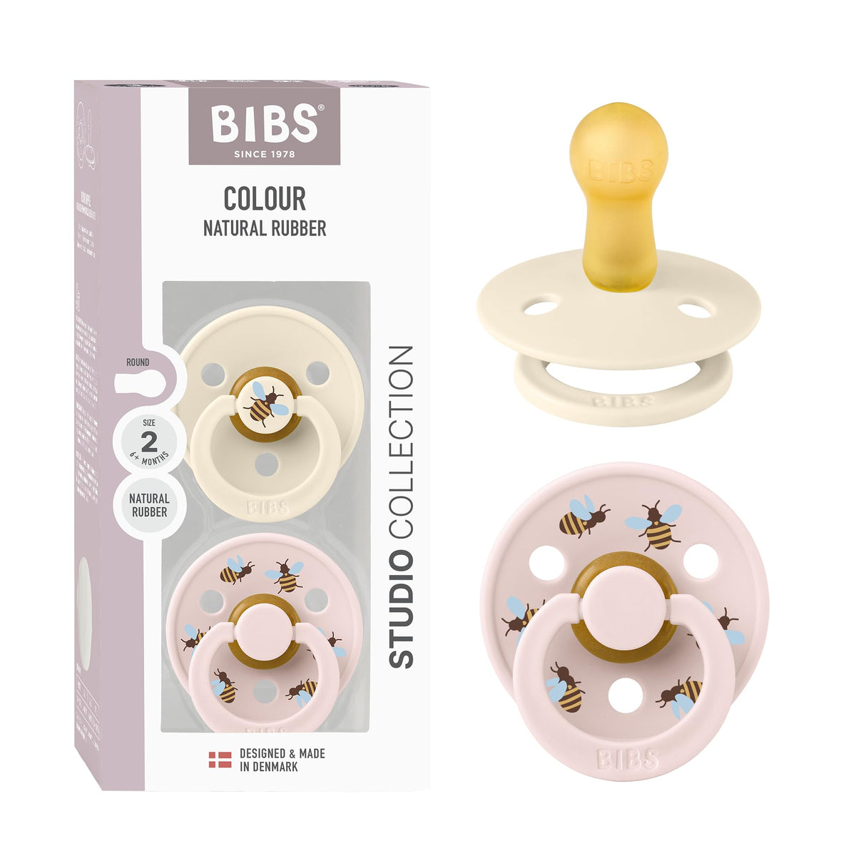 BIBS Colour Pacifier, 6-18 Months, 2-Pack, Round, Block Baby Pink Coral
