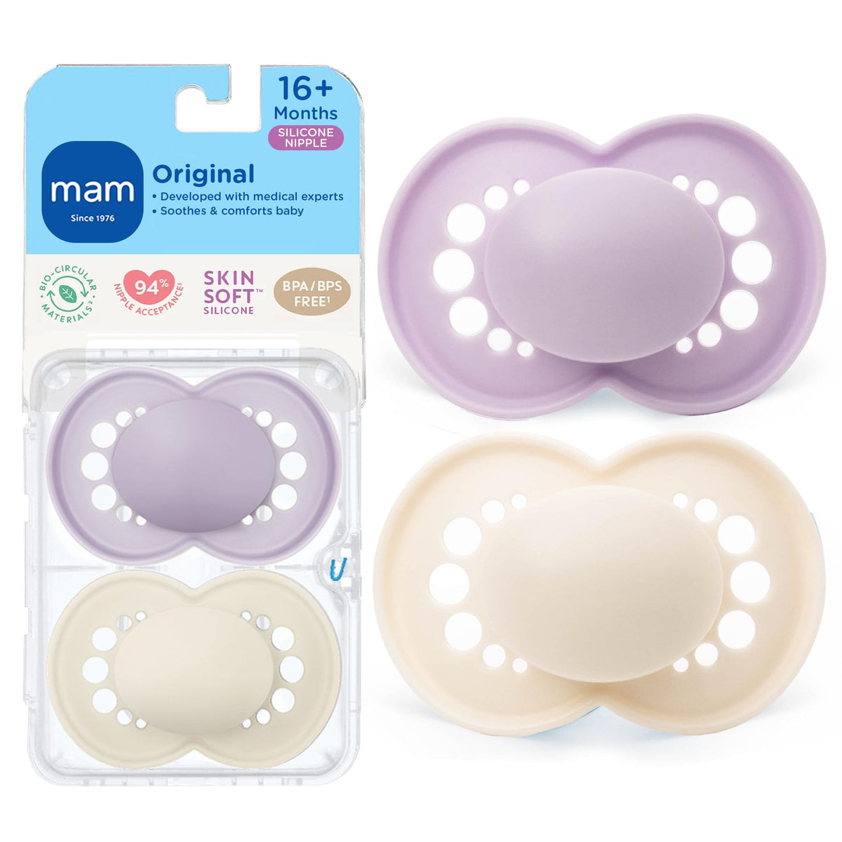 MAM Original Baby Pacifier 16+ Mths, Skin Soft Silicone Nipple, 4 Pack