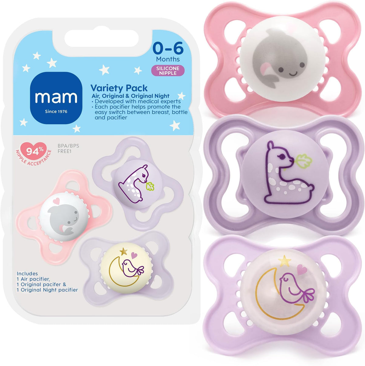 MAM Pacifier 0-6 Months Variety Pack, BPA-Free, Silicone Nipple, 3 Pack