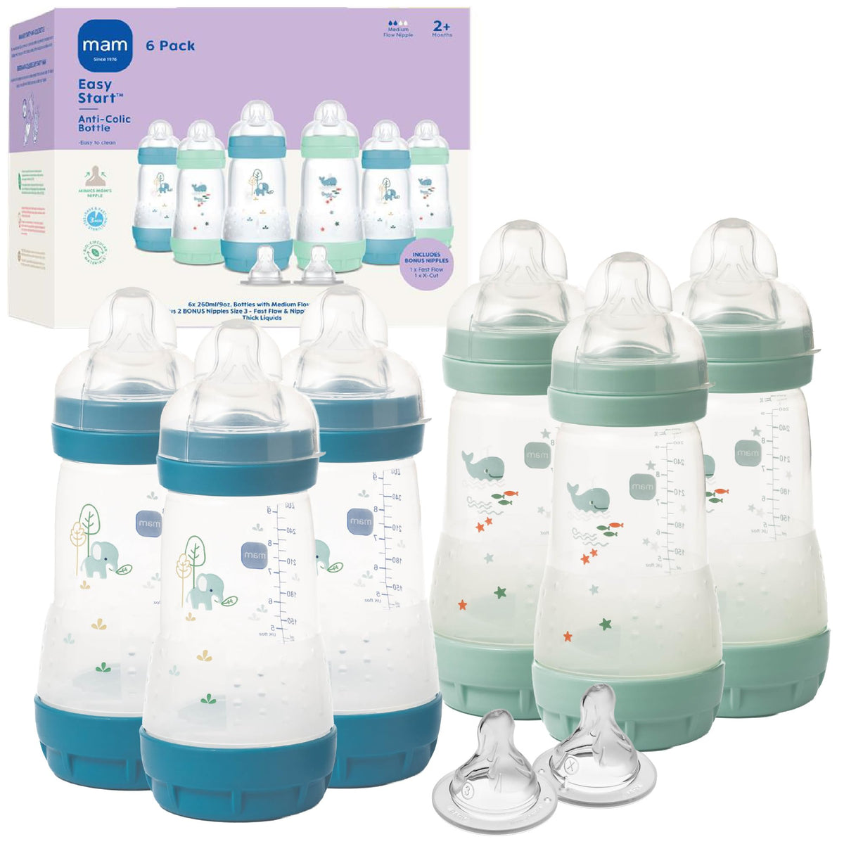 MAM 9oz Easy Start Anti-Colic+ Vented Baby Bottles, 2+ Months, 6 Pack, Girl
