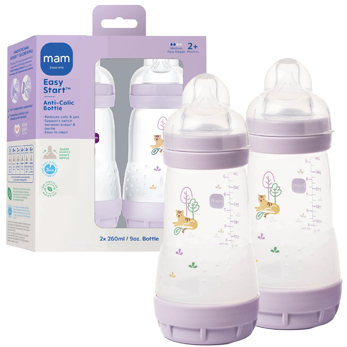 MAM 9oz Easy Start Anti-Colic+ Vented Baby Bottles, 2+ Months, 6 Pack, Girl