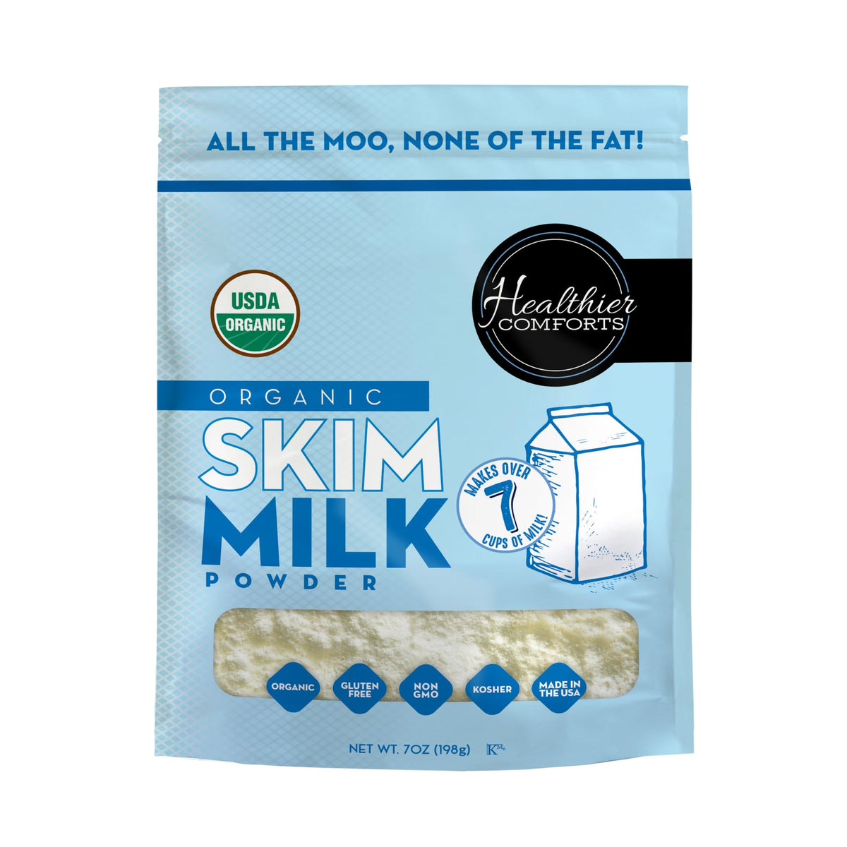 Healthier Comforts Organic Skim Milk Powder | Certified USDA Organic | Fat Free, Kosher, Gluten Free, Non-GMO, Shelf Stable | Perfect for Shakes, Smoothies, Coffee Creamer, Baking | Made in USA (7oz)
