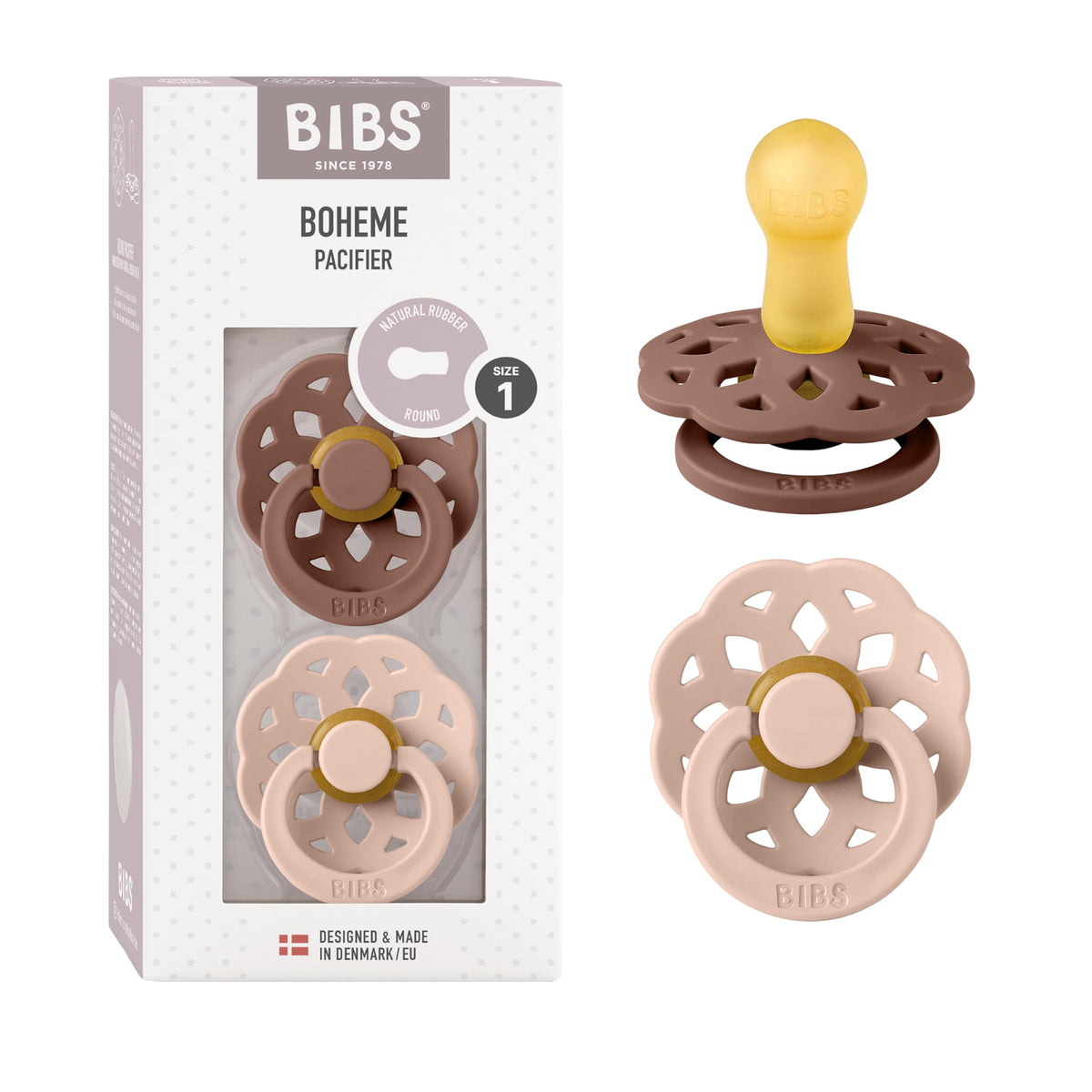 BIBS Pacifiers 6-18 Months | Boheme Collection 2-Pack | BPA-Free Round Nipple | Made in Denmark | Dusty Pink/Elderberry Color Pacifier