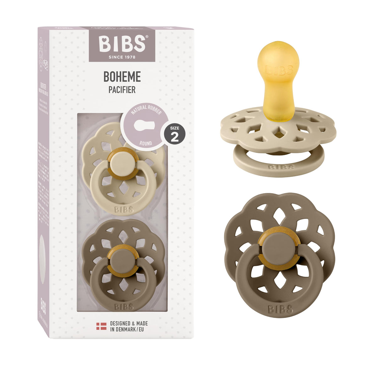 BIBS Pacifiers 6-18 Months | Boheme Collection 2-Pack | BPA-Free Round Nipple | Made in Denmark | Dusty Pink/Elderberry Color Pacifier