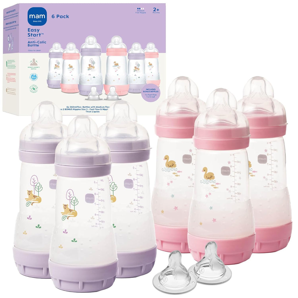 MAM 9oz Easy Start Anti-Colic+ Vented Baby Bottles, 2+ Months, 6 Pack, Girl