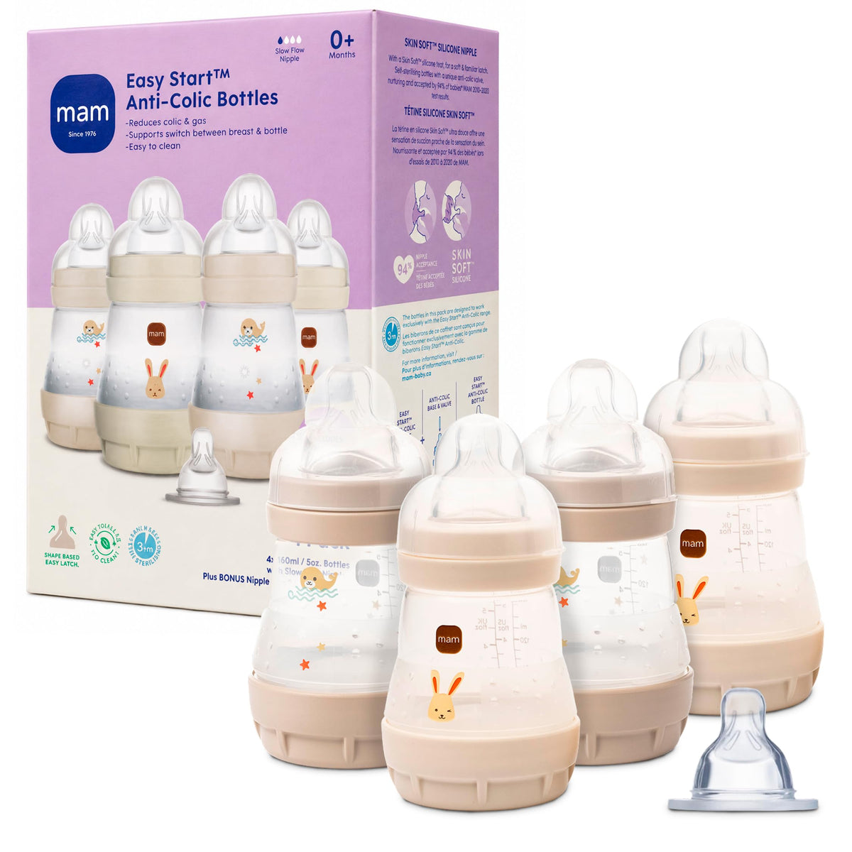 MAM 5oz Easy Start Anti-Colic+ Vented Baby Bottle, 0+ Mths, 4 Pk, Unisex