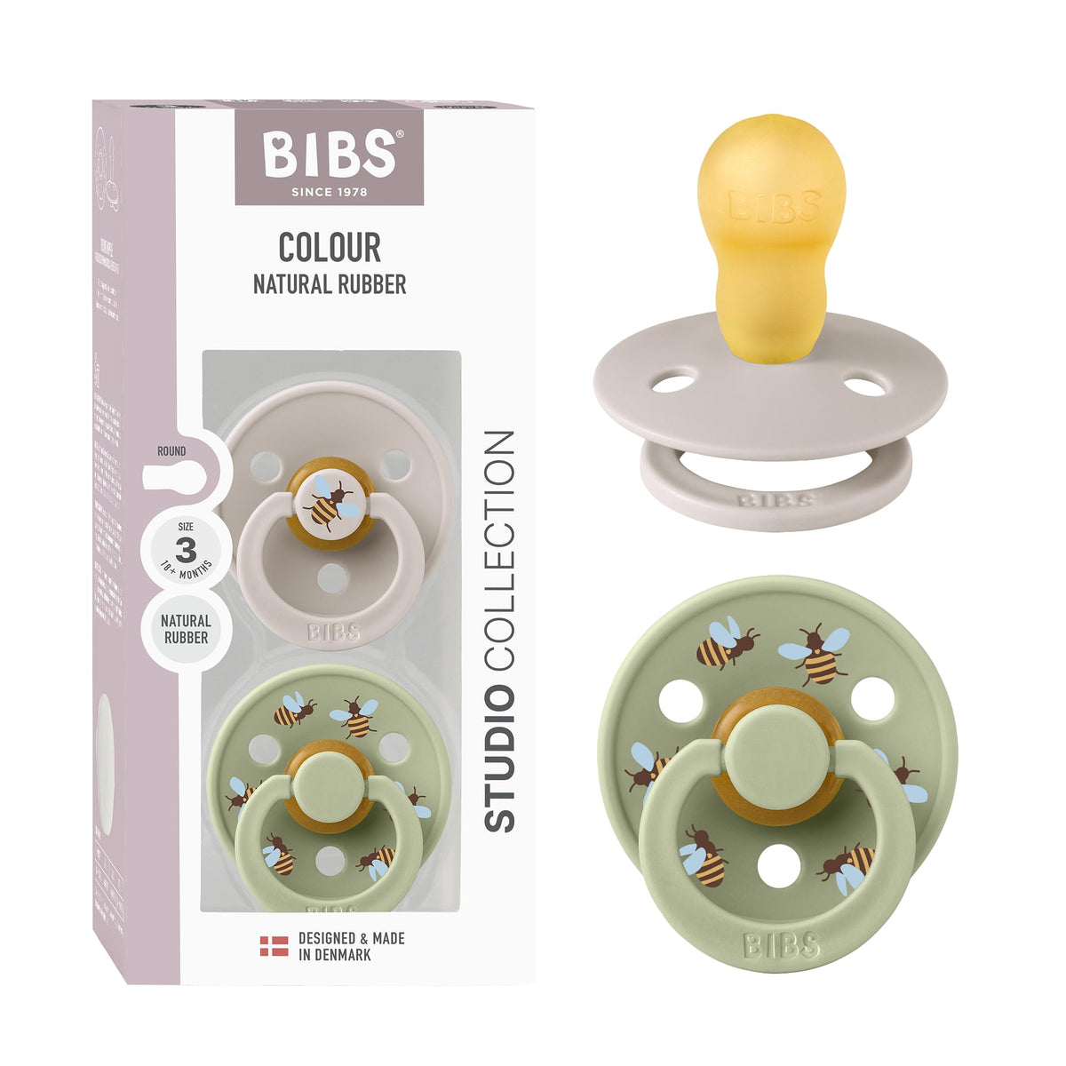 BIBS Colour Pacifier, 6-18 Months, 2-Pack, Round, Block Baby Pink Coral