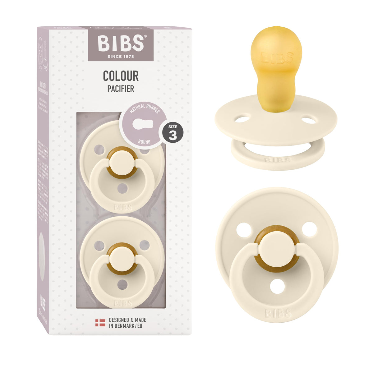 BIBS Pacifiers Colour Collection | Natural Rubber Baby Pacifier | Set of 2 BPA-Free Soothers | Made in Denmark | 0+ Months (Pack of 2) | Blush/Ivory