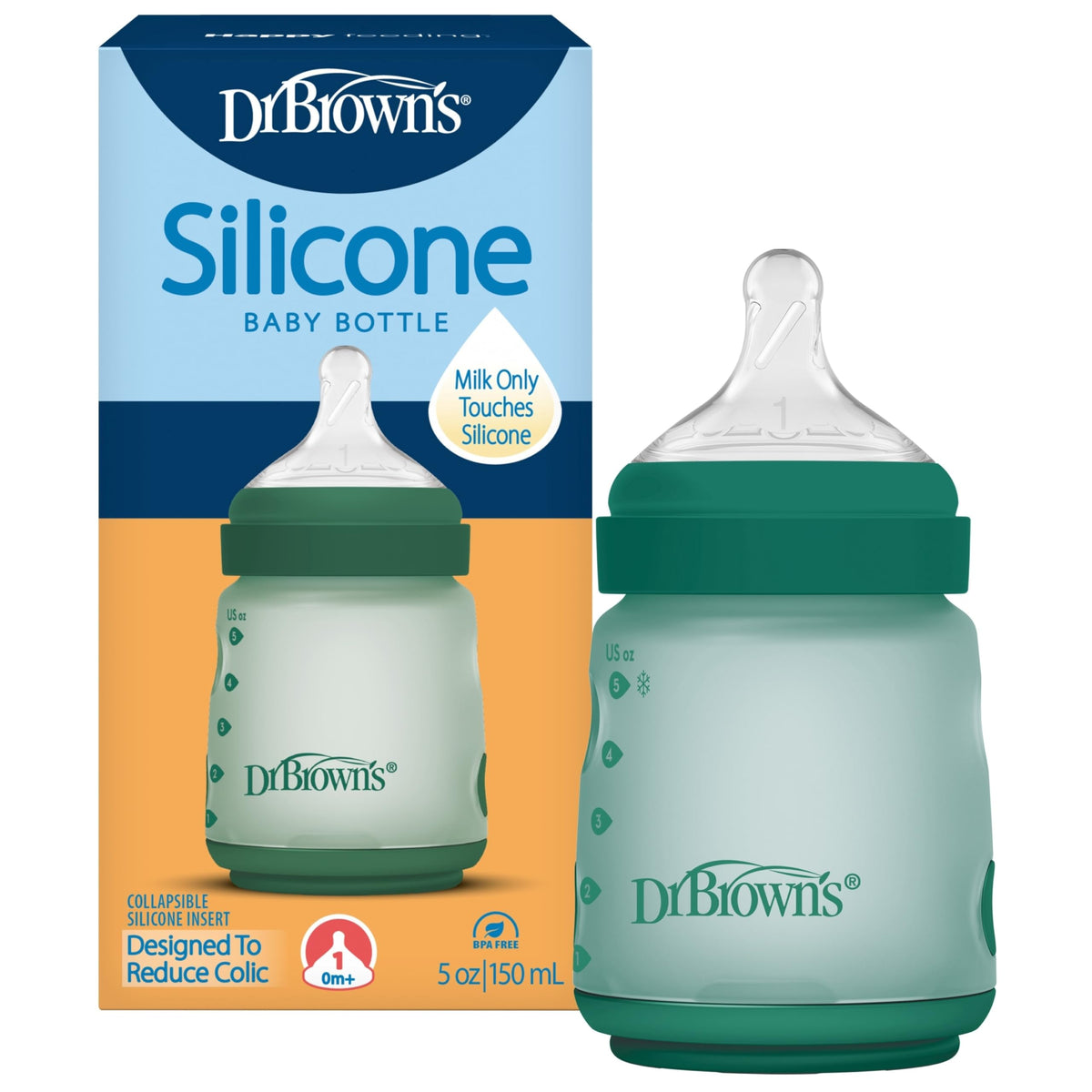 Dr. Brown's Silicone Baby Bottle, 5 oz, Level 1 Nipple, 0m+, Blue, 4-Pack