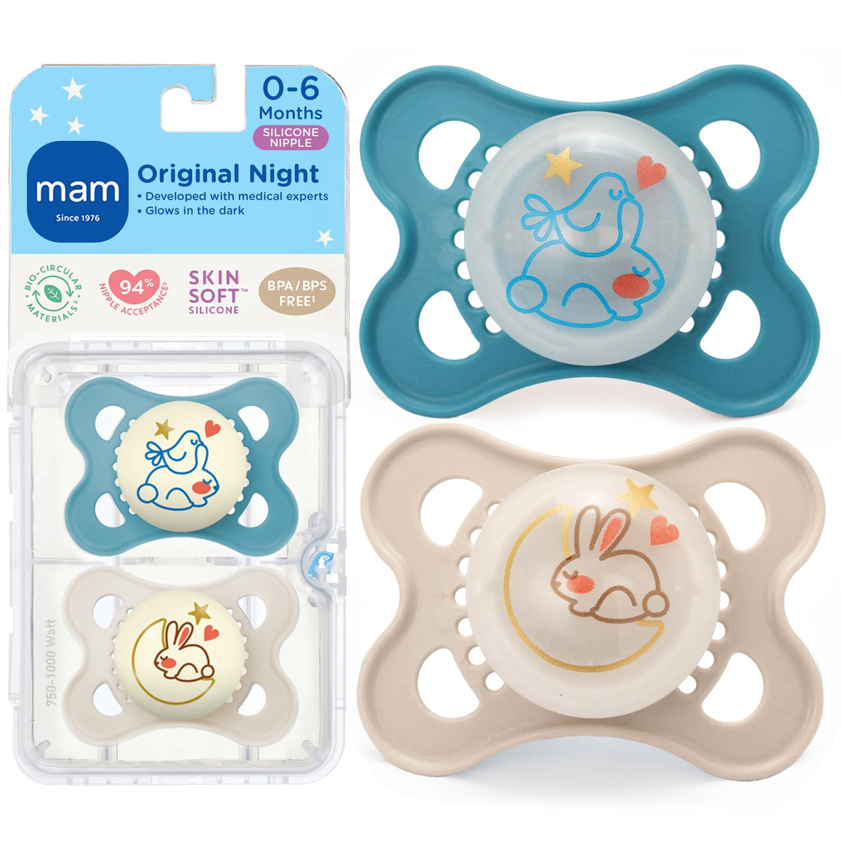 MAM Original Baby Pacifiers 0-6 Months, Glows in The Dark, 4 Pack
