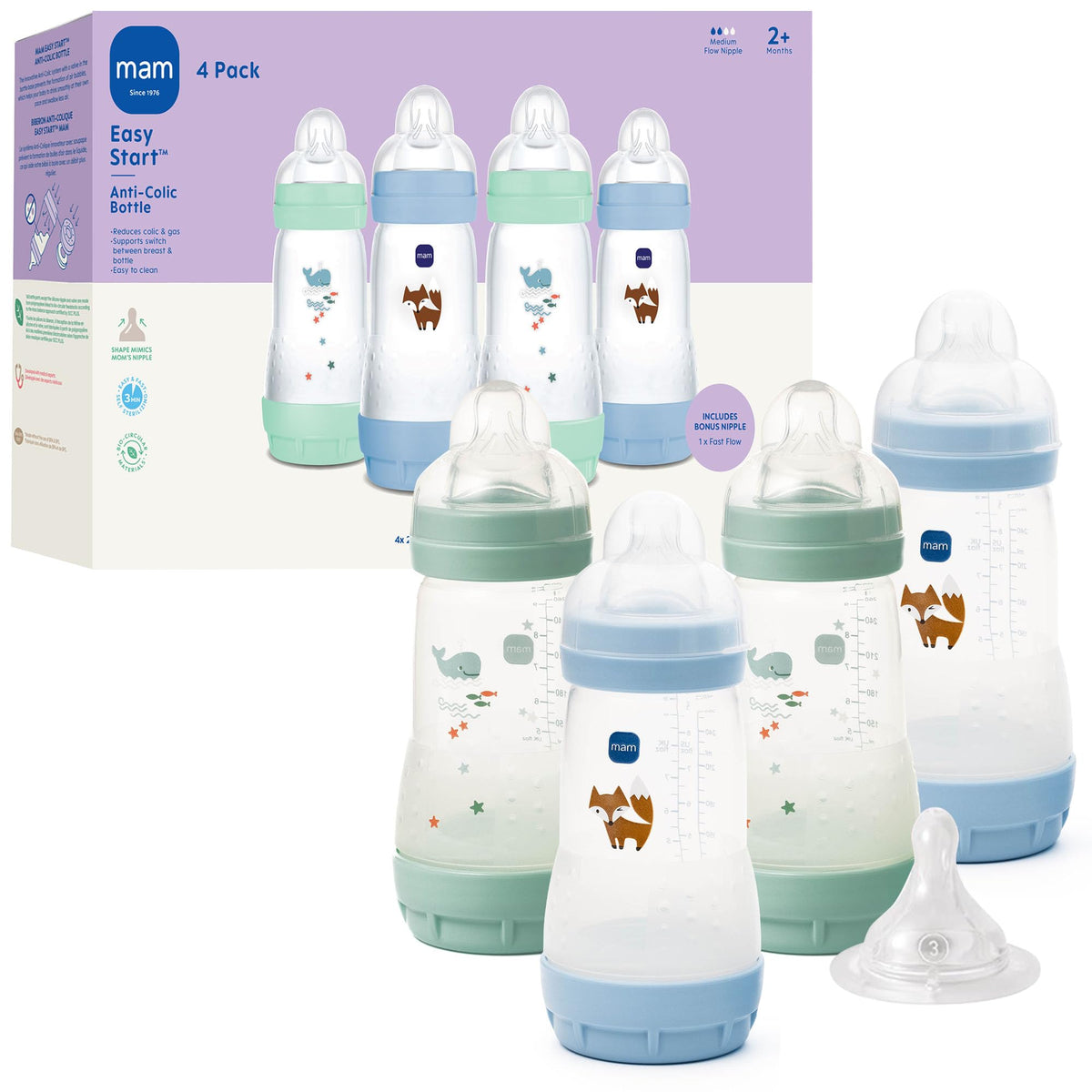 MAM 9oz Easy Start Anti-Colic+ Vented Baby Bottles, 2+ Months, 6 Pack, Girl