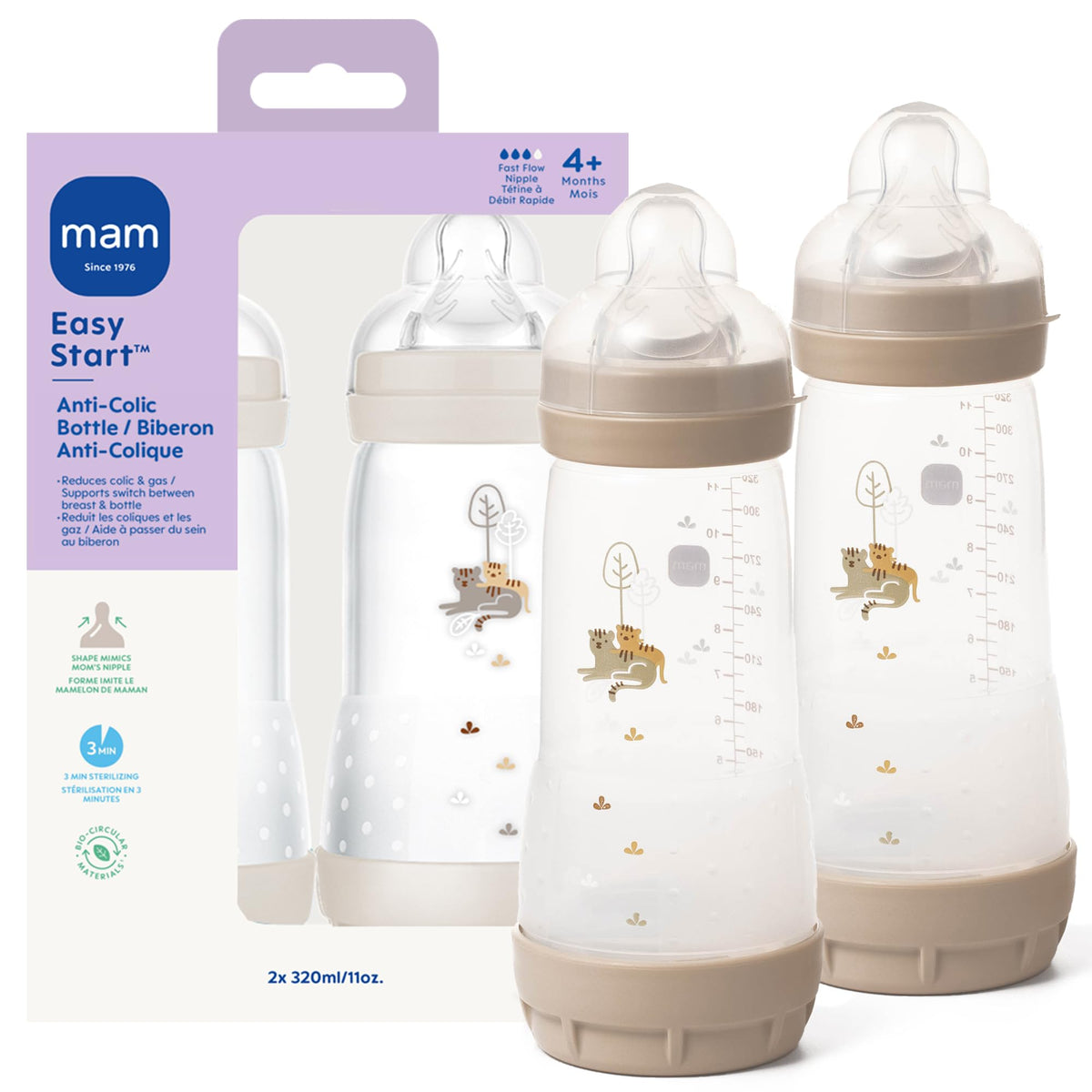 MAM 11oz Easy Start Anti-Colic+ Vented Baby Bottle, 4+ Months, 2 Pk, Unisex