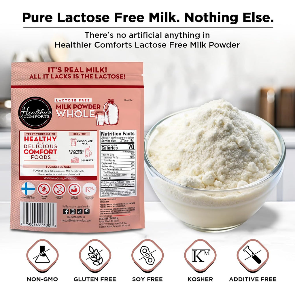 Healthier Comforts Lactose Free Whole Milk Powder | Non-GMO, rBST Hormone Free, Kosher, Gluten Free, No Fillers | Baking, Coffee Creamer, Shakes, Pantry Staple, Camping | Makes 2.5 Gallons (21 oz)