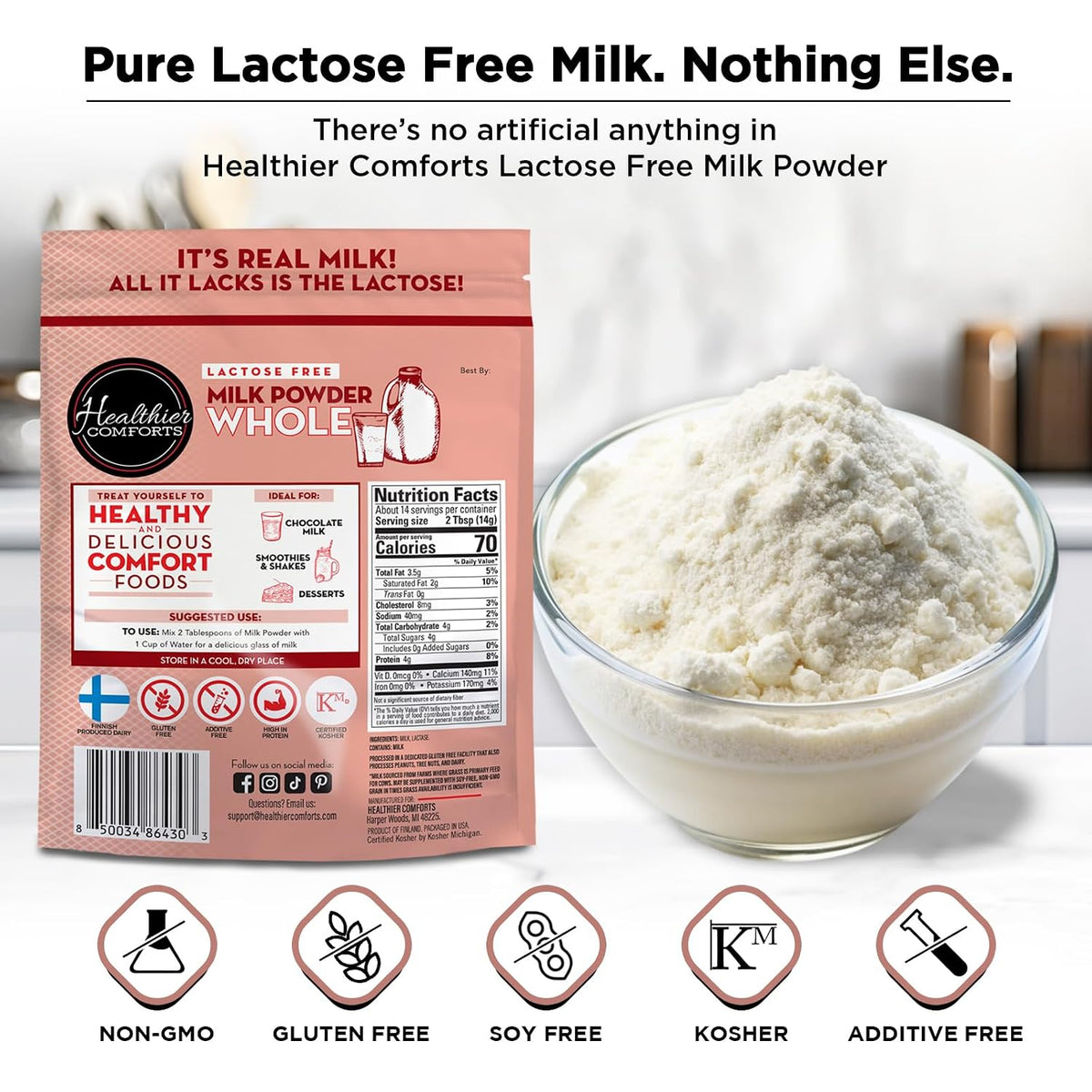 Healthier Comforts Lactose Free Whole Milk Powder | Non-GMO, rBST Hormone Free, Kosher, Gluten Free, No Fillers | Baking, Coffee Creamer, Shakes, Pantry Staple, Camping | Makes 2.5 Gallons (21 oz)