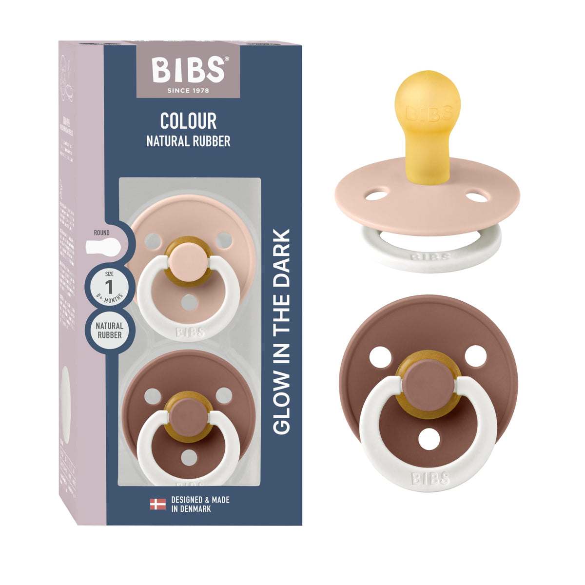 BIBS Pacifiers Colour Collection | Natural Rubber Baby Pacifier | Set of 2 BPA-Free Soothers | Made in Denmark | 0+ Months (Pack of 2) | Blush/Ivory