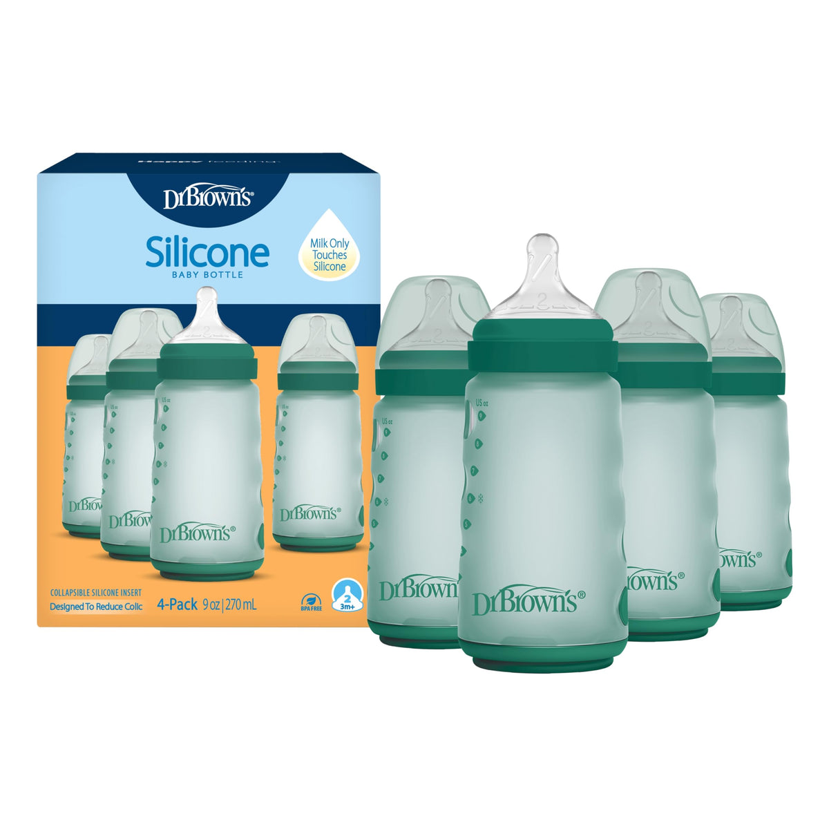 Dr. Brown's Silicone Baby Bottle, 9 oz, Level 2 Nipple, 3m+, White, 4-Pack