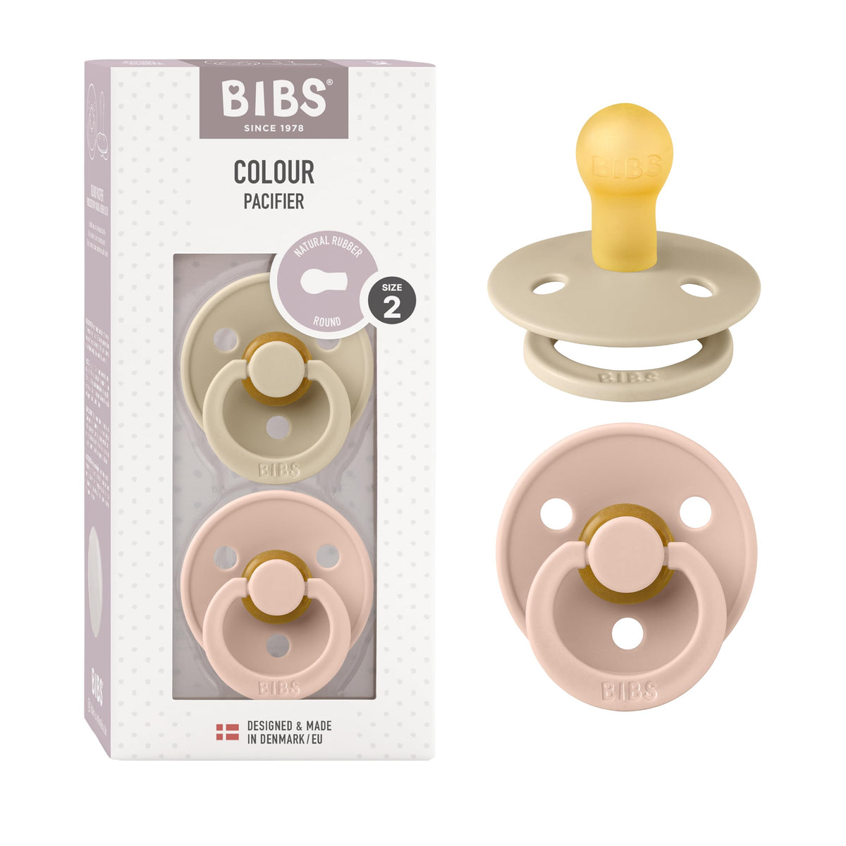 BIBS Pacifiers Colour Collection | Natural Rubber Baby Pacifier | Set of 2 BPA-Free Soothers | Made in Denmark | 0+ Months (Pack of 2) | Blush/Ivory