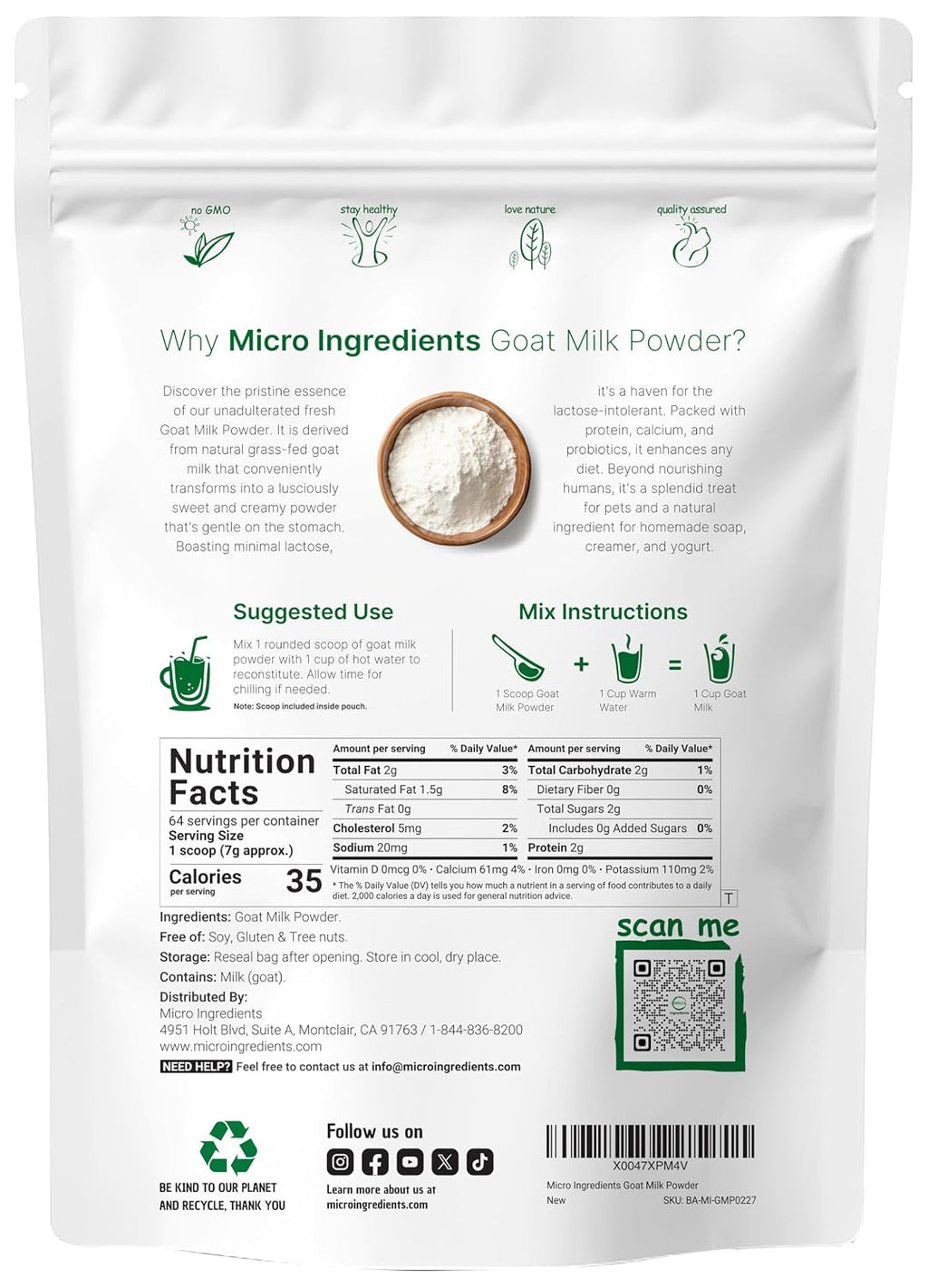 Micro Ingredients Goat Milk Powder, 1 Lb | Grass-Fed Australian Source | Pure, Easily Digested Formula | High in Protein, Calcium & Probiotics | Non-GMO, Gluten-Free, Pet Friendly