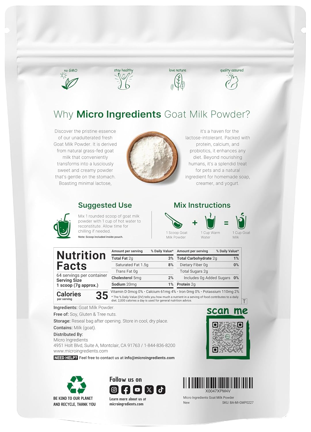 Micro Ingredients Goat Milk Powder, 1 Lb | Grass-Fed Australian Source | Pure, Easily Digested Formula | High in Protein, Calcium & Probiotics | Non-GMO, Gluten-Free, Pet Friendly