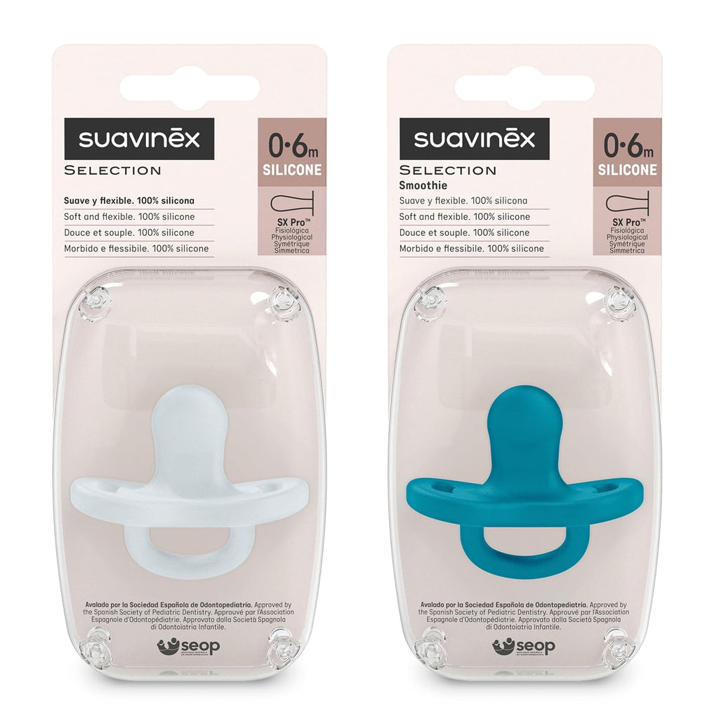 Color Essence SX PRO Silicone Baby Pacifier 2Pk, Made with 100% Soft Silicone, Baby Essentials Perfect for Breastfeeding Babies, Designed in Spain, 0-6 Mths, Ballad Blue/Deep Ocean