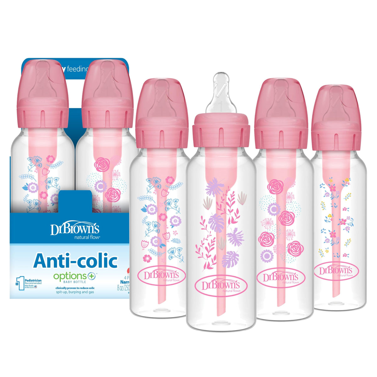 Dr. Brown's Anti-Colic Options+ Narrow Baby Bottle, 8 oz, 4-Pack