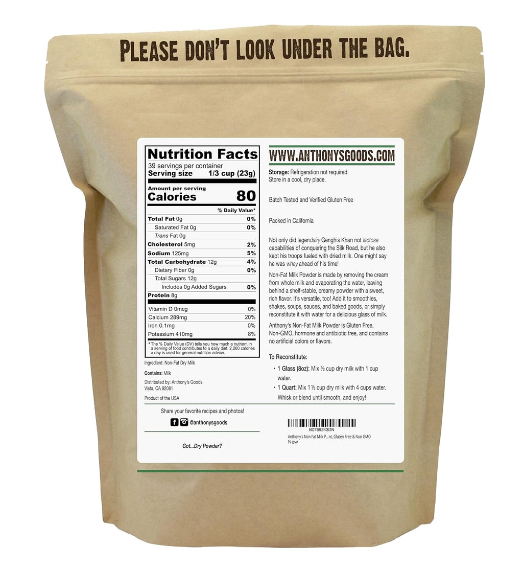 Anthony's Non Fat Milk Powder, 2 lb, Instant, Gluten Free & Non GMO