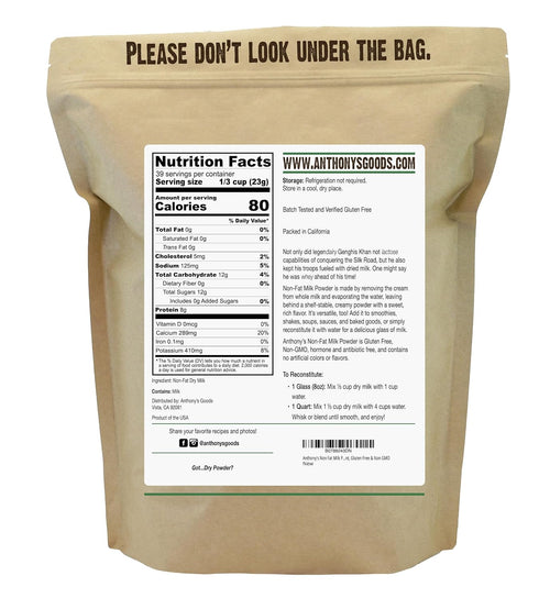 Anthony's Non Fat Milk Powder, 2 lb, Instant, Gluten Free & Non GMO