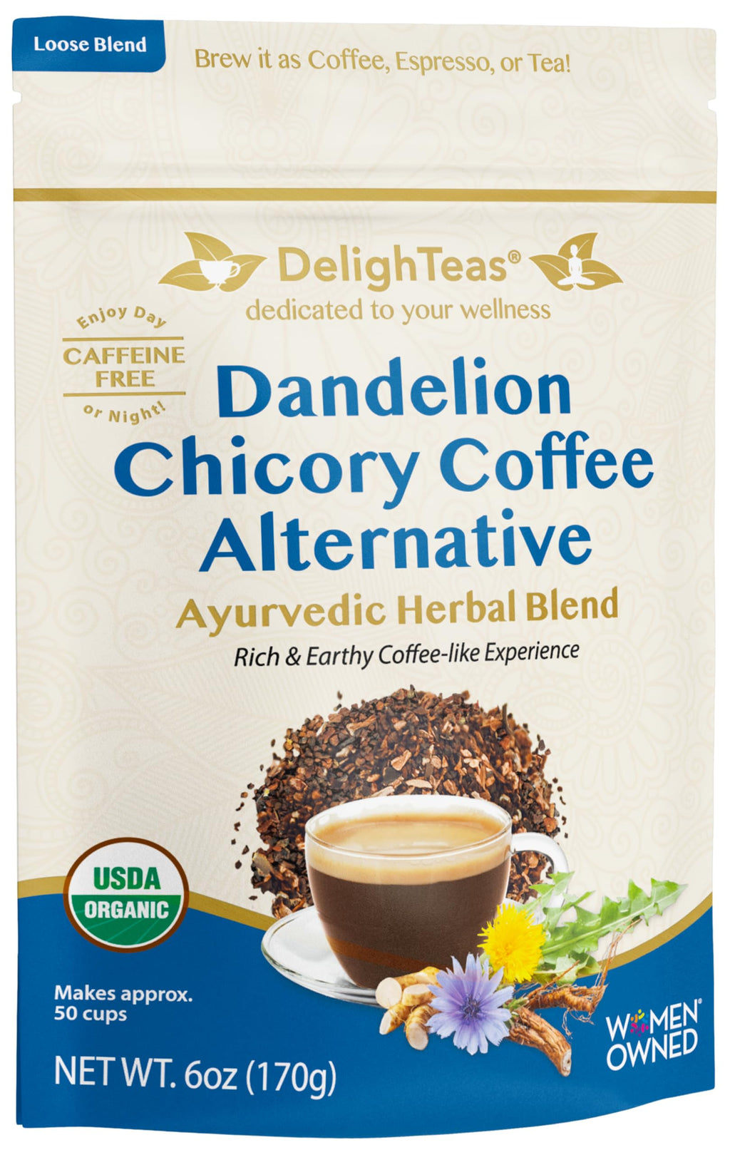 DelighTeas Organic Golden Milk Powder with Turmeric, Ginger, Ceylon Cinnamon | Ayurvedic Spices for Golden Turmeric Latte | Unsweetened, Vegan, Non-GMO, Keto | 120 Servings, 5 oz.