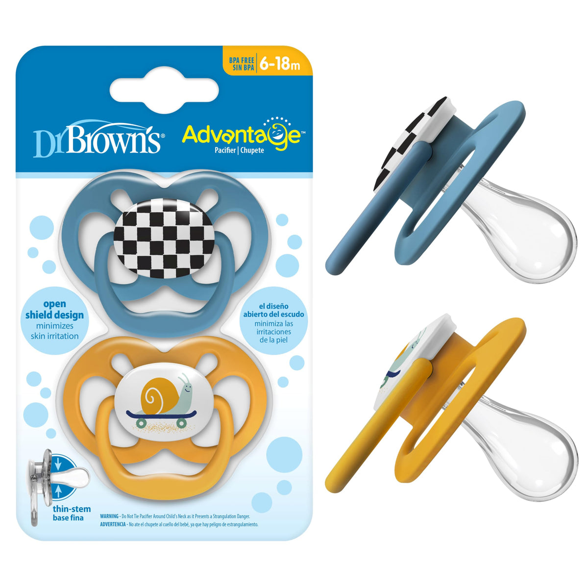 Dr. Brown's Advantage Glow-in-the-Dark Baby Pacifier, Fully Symmetrical Soother with Soft Silicone Bulb, Skateboard Snail-Blue Nature, 6-18m, BPA Free, 4 Pack