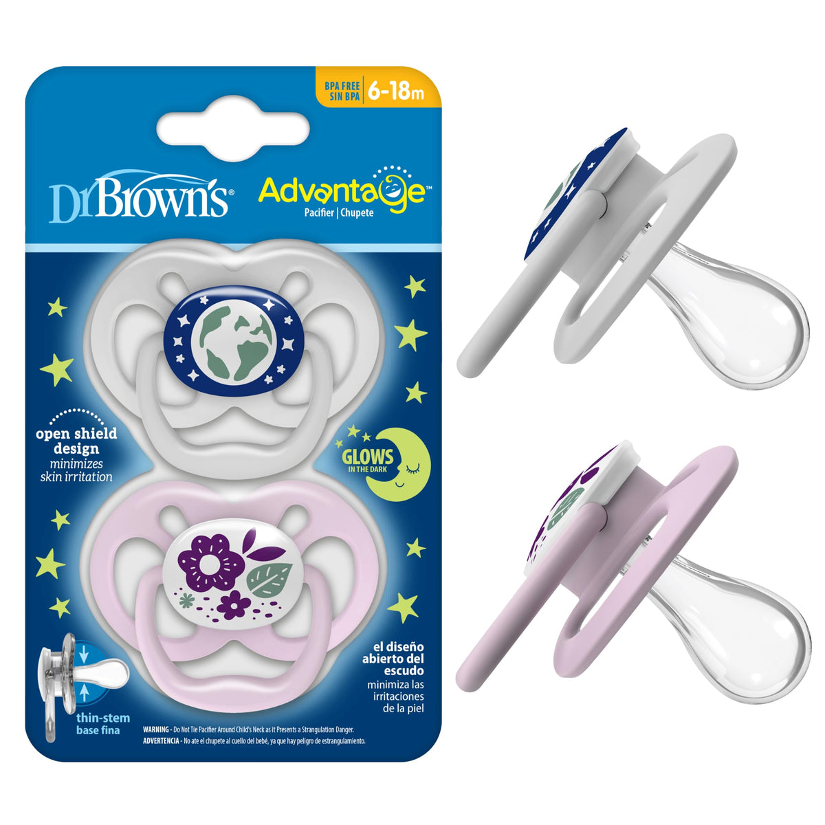 Dr. Brown's Advantage Glow-in-the-Dark Baby Pacifier, Fully Symmetrical Soother with Soft Silicone Bulb, Skateboard Snail-Blue Nature, 6-18m, BPA Free, 4 Pack