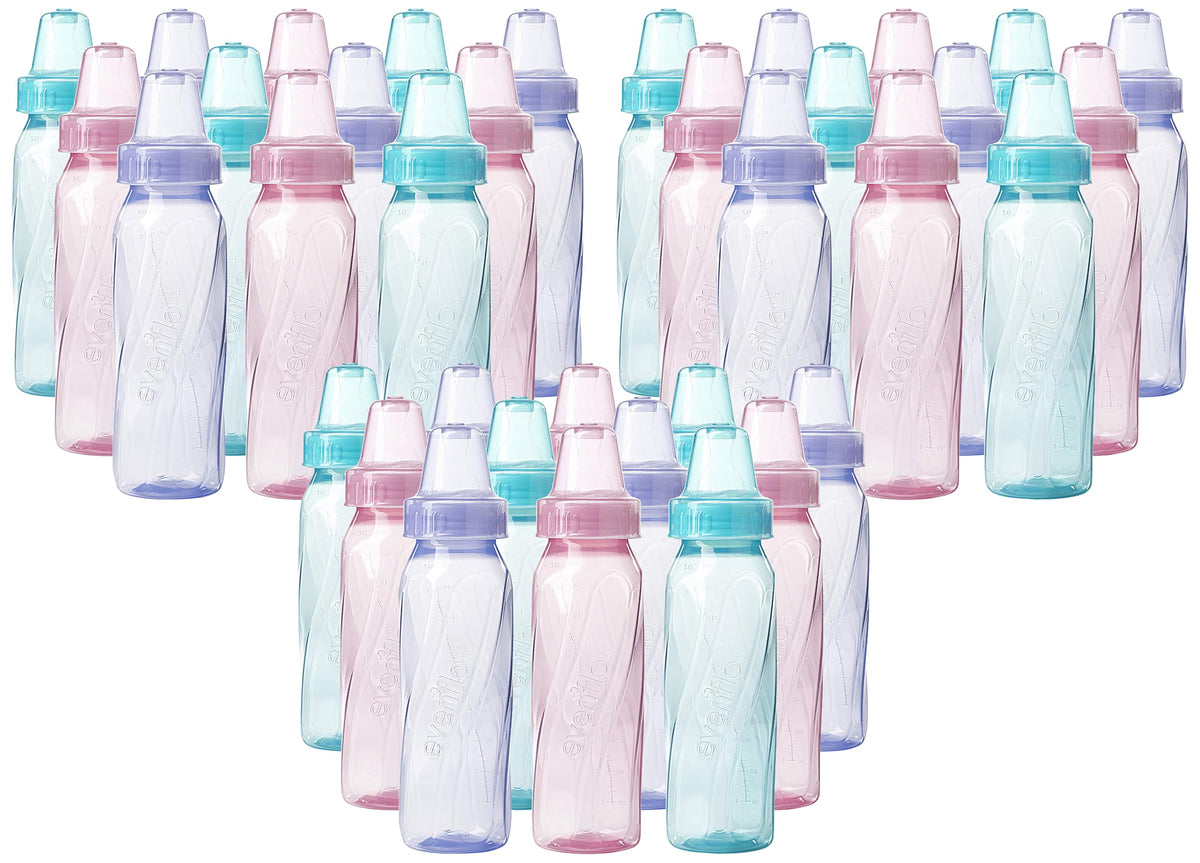 Evenflo Feeding Classic Tinted Plastic Standard Neck Bottles for Baby, Infant and Newborn, Pink/Lavender/Teal, 8 Oz, 12 Bottles