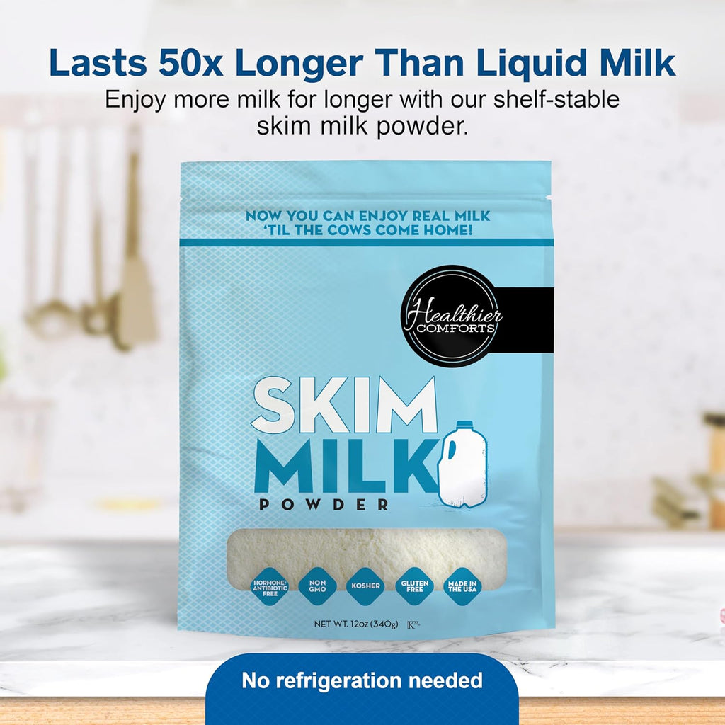 Healthier Comforts Skim Milk Powder | Fat Free, Shelf Stable | Kosher, Gluten Free, Non-GMO, Hormone and Antibiotic Free | Perfect for Shakes, Smoothies, Coffee Creamer, Baking | Made in USA (12oz)