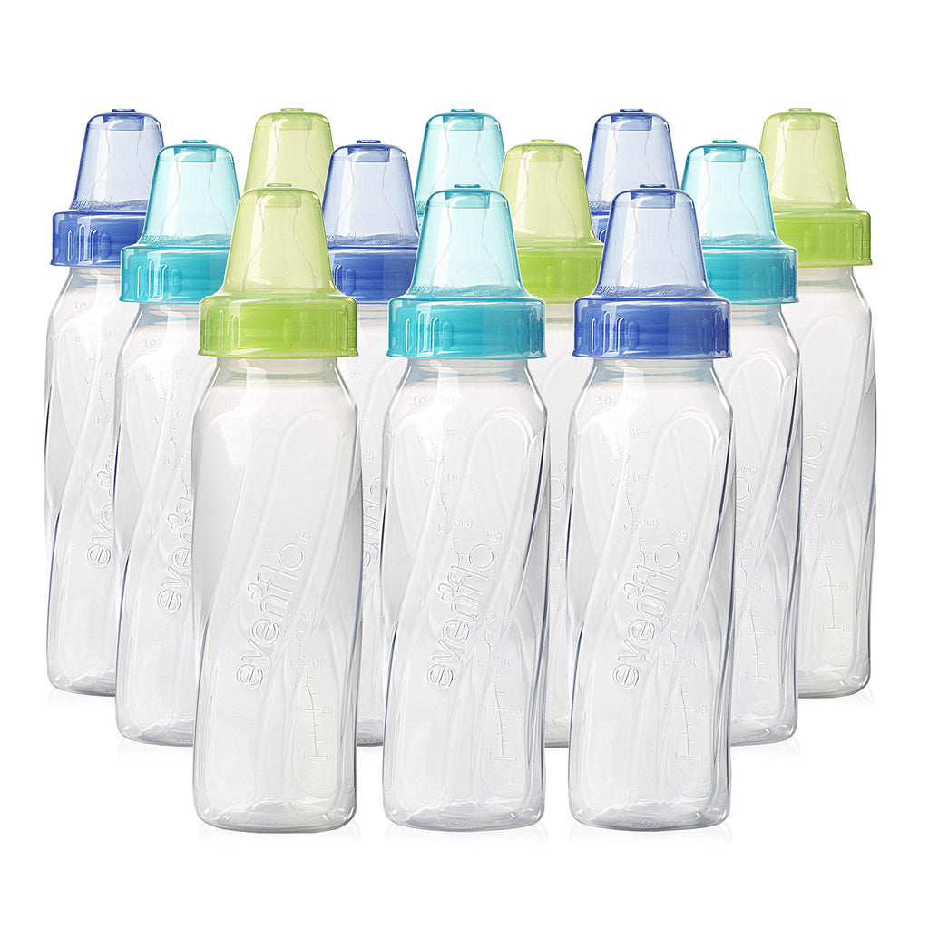 Evenflo Feeding Classic Tinted Plastic Standard Neck Bottles for Baby, Infant and Newborn - Teal/Green/Blue, 8 Ounce (Pack of 12)
