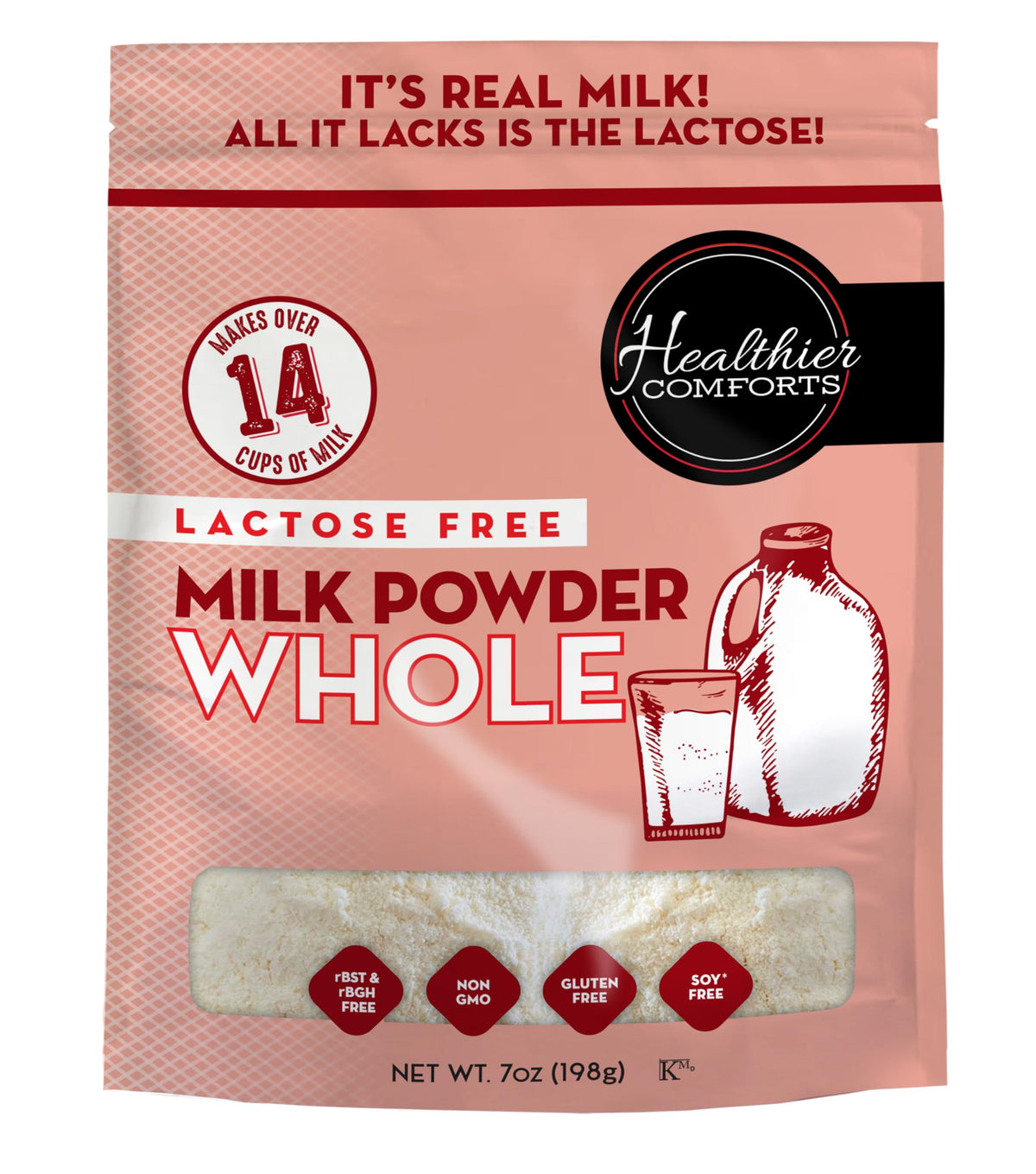 Healthier Comforts Lactose Free Whole Milk Powder | Non-GMO, rBST Hormone Free, Kosher, Gluten Free, No Fillers | Baking, Coffee Creamer, Shakes, Pantry Staple, Camping | Makes 2.5 Gallons (21 oz)